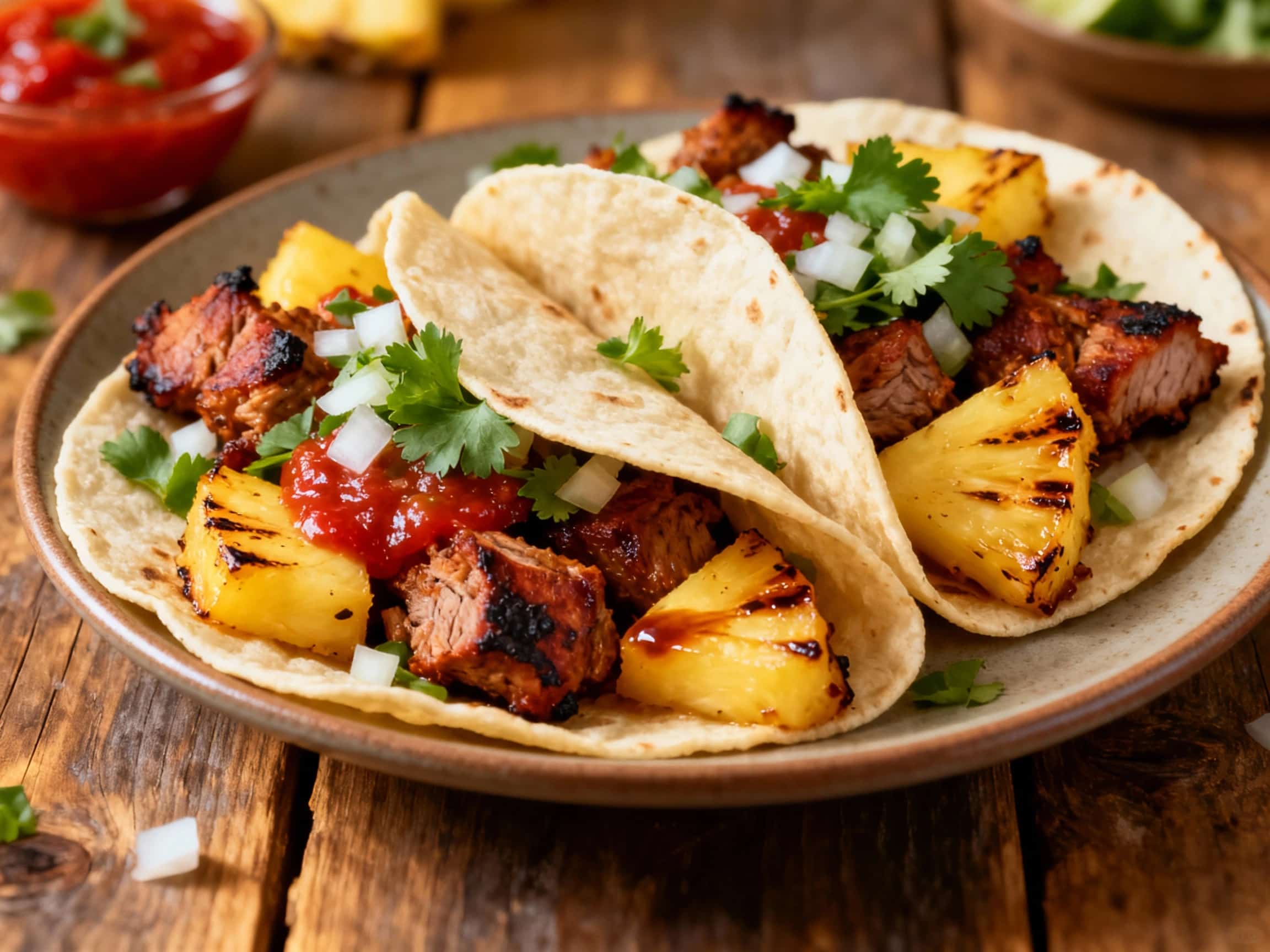 Three Al Pastor inspired pork tacos, richly filled with shredded pork and grilled pineapple salsa, are beautifully arranged on a wooden serving board. Each taco is garnished with finely diced white onion and fresh cilantro. Bright lime wedges are placed nearby, inviting a squeeze of citrus over the vibrant meal. The presentation suggests a casual yet delicious Mexican street food experience.
