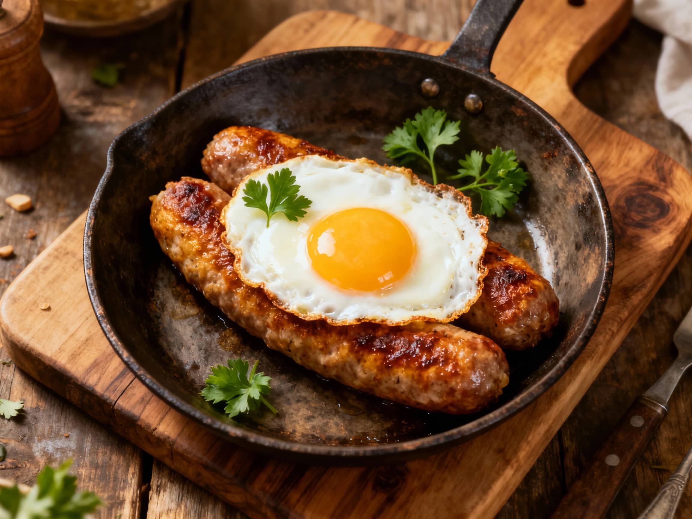 A golden-brown Alheira de Mirandela sausage sits in a rustic pan, topped with a perfectly fried egg with a runny yolk, ready to be enjoyed.