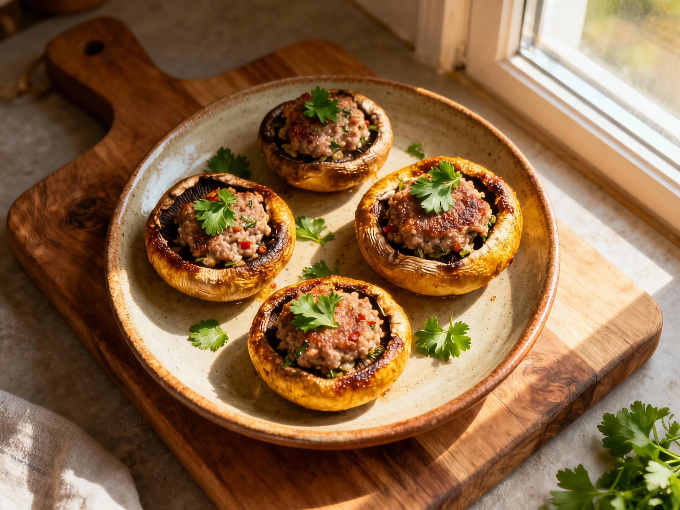 Juicy grilled portobello mushrooms are stuffed with savory browned alheira sausage and topped with fresh parsley, presented on a rustic wooden board.