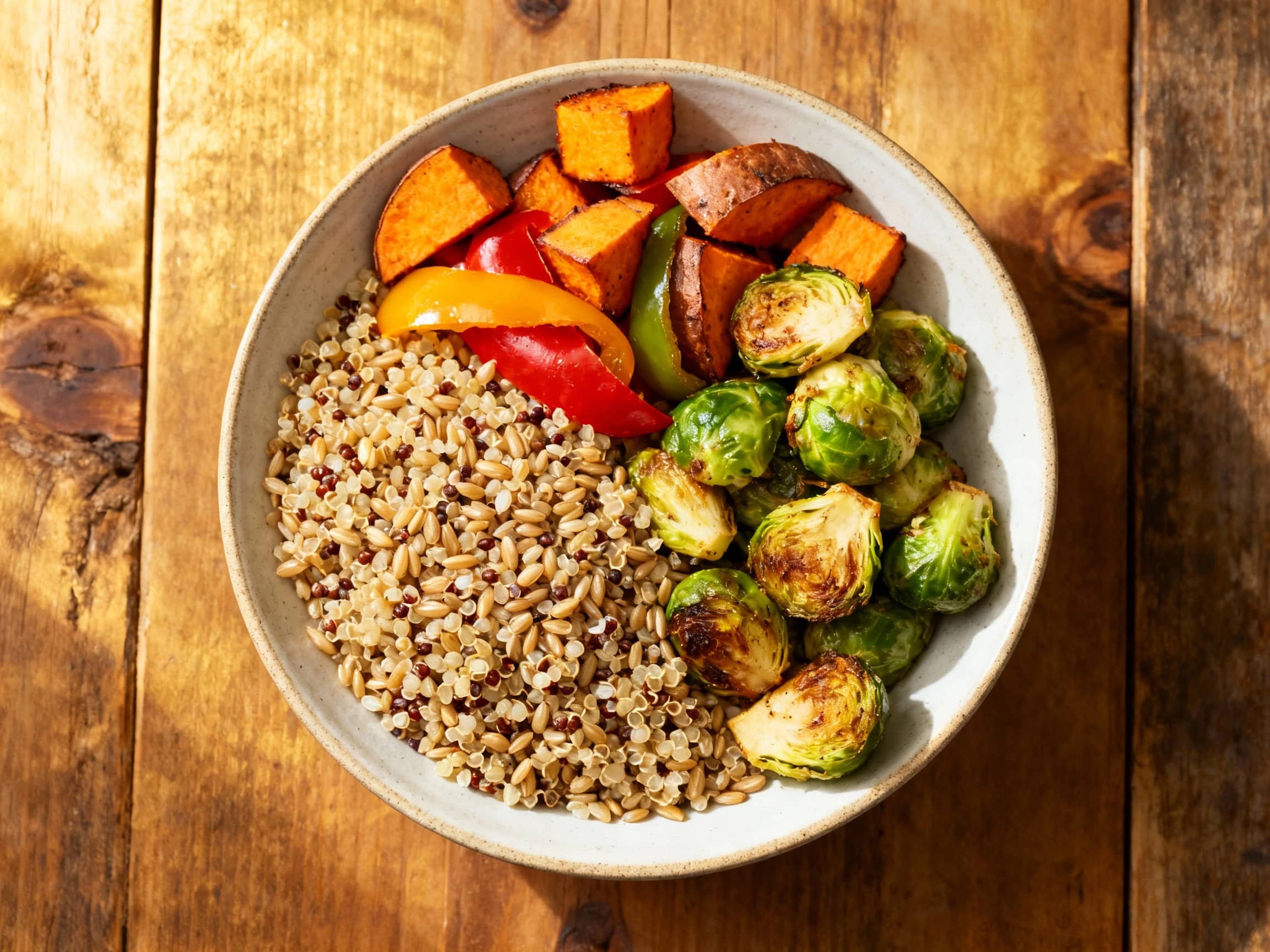 A vibrant and nutritious Ancient Grain Power Bowl is artfully arranged with colorful roasted vegetables, fresh greens, and a drizzle of dressing, creating a beautiful and healthy meal.