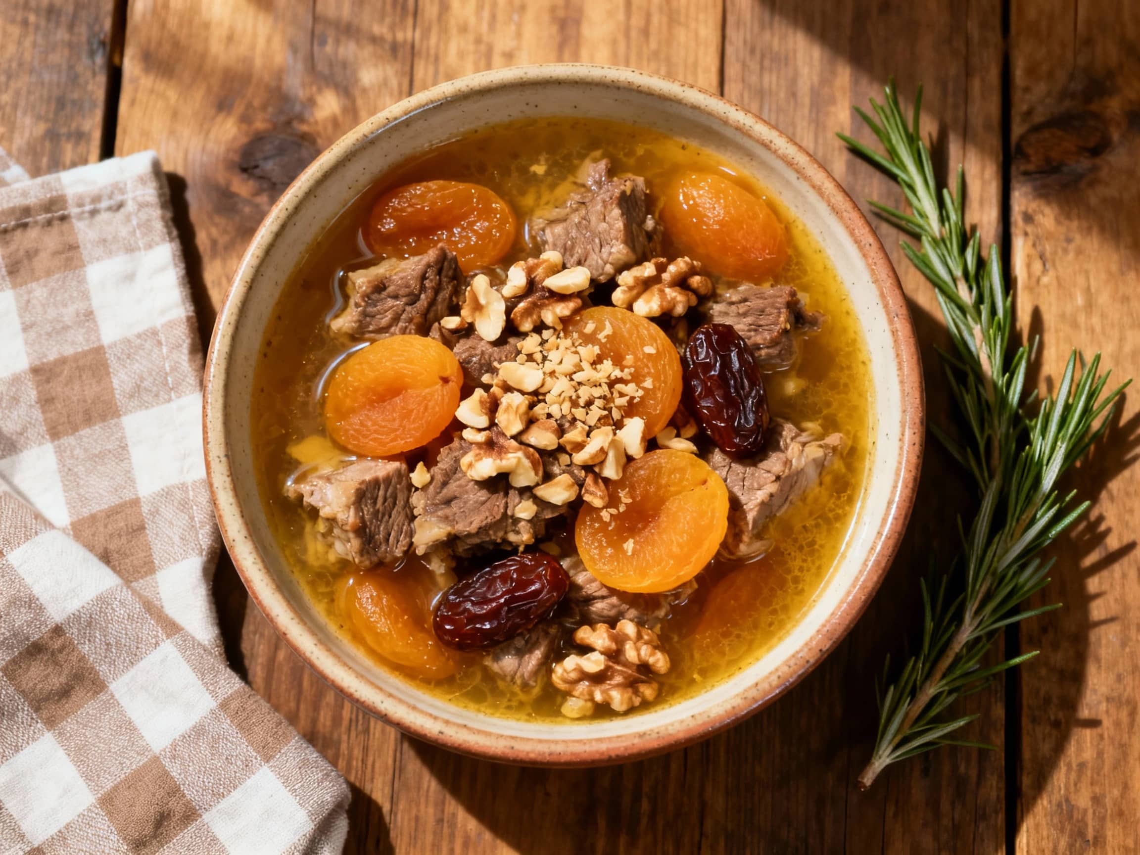 A hearty Armenian lamb stew is served in a rustic ceramic bowl, topped with plump, golden apricots and roughly chopped walnuts, with soft, warm lighting creating an inviting atmosphere.