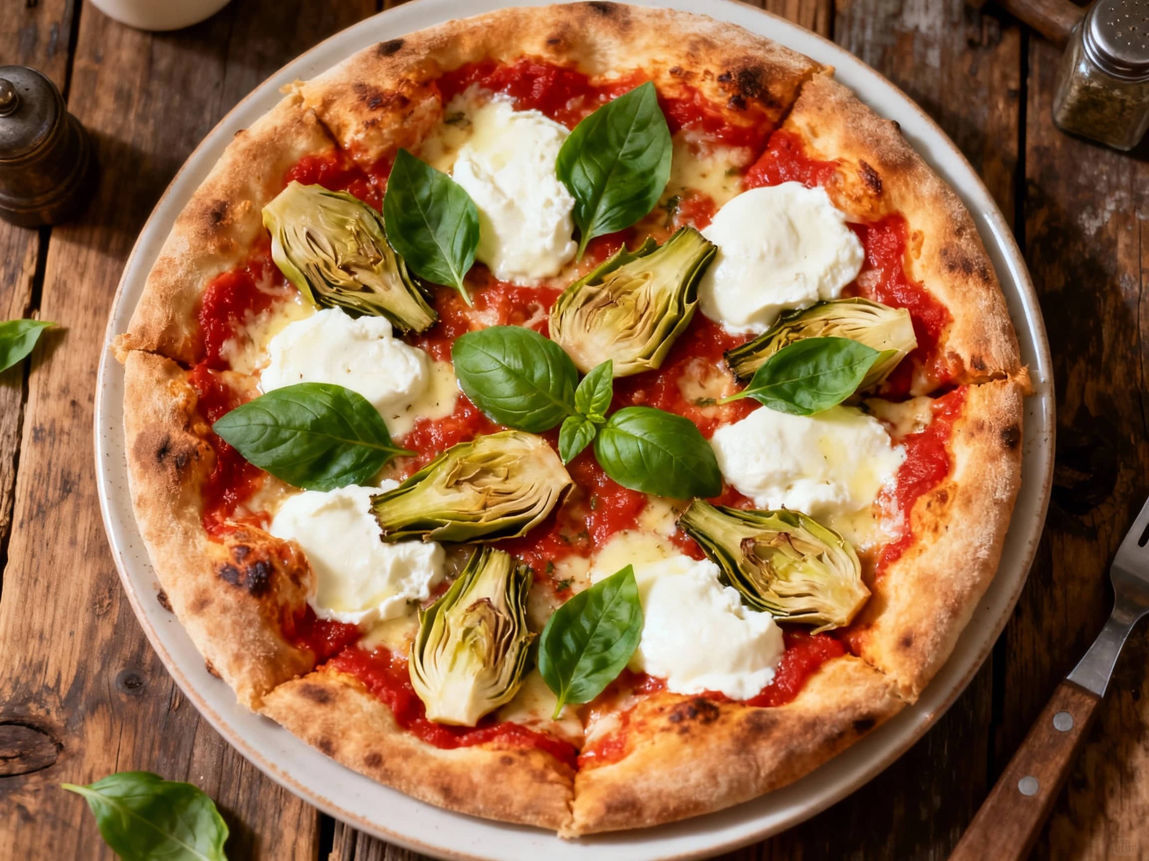 A round, freshly baked pizza sits on a rustic wooden board. The pizza has a golden, bubbly crust, a rich tomato sauce base, and is generously topped with melted fresh mozzarella cheese, tender marinated artichoke hearts, and vibrant green basil leaves. The cheese has a beautiful pull, and the entire pizza looks warm and inviting, ready to be sliced and enjoyed.