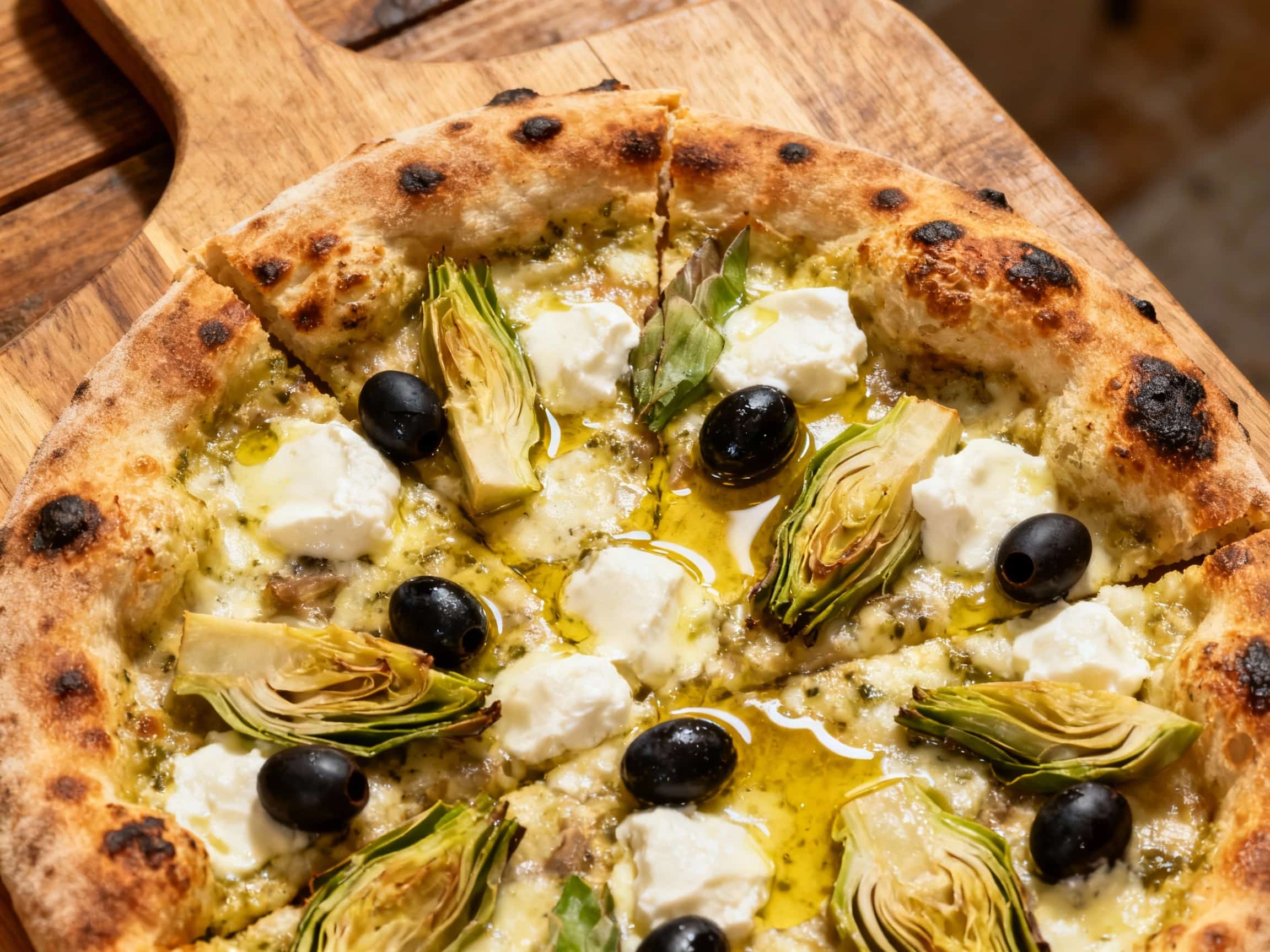 A rustic square slice of pizza al taglio boasts vibrant chopped olives and artichoke hearts nestled atop a golden crust, artfully presented on a simple white plate.
