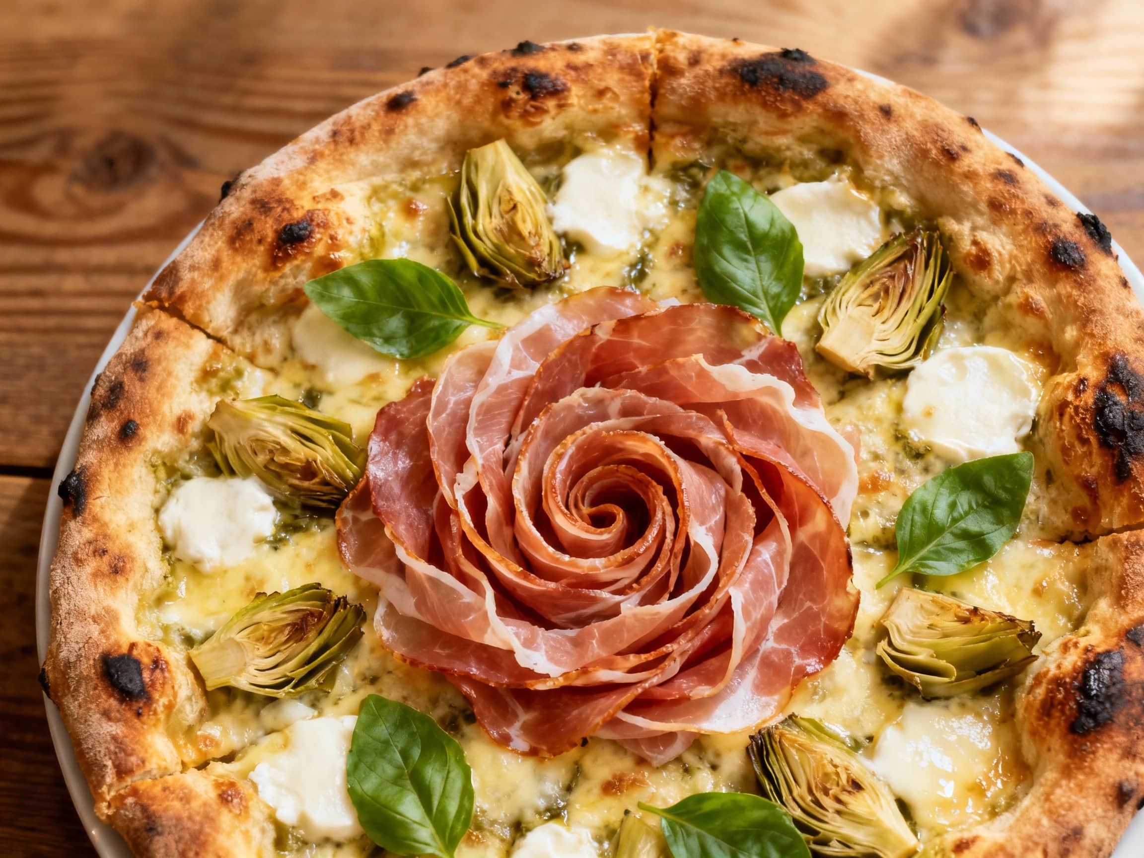 An overhead view of a rustic Artichoke and Prosciutto Sfincione Pizza, artfully arranged on a dark wooden board. The pizza features a thick, golden, focaccia-like crust, generously topped with an inviting blend of creamy melted mozzarella, a rich sprinkling of Pecorino Romano, and aromatic dried oregano. Striking elements include tender, pale green marinated artichoke hearts and delicately draped,