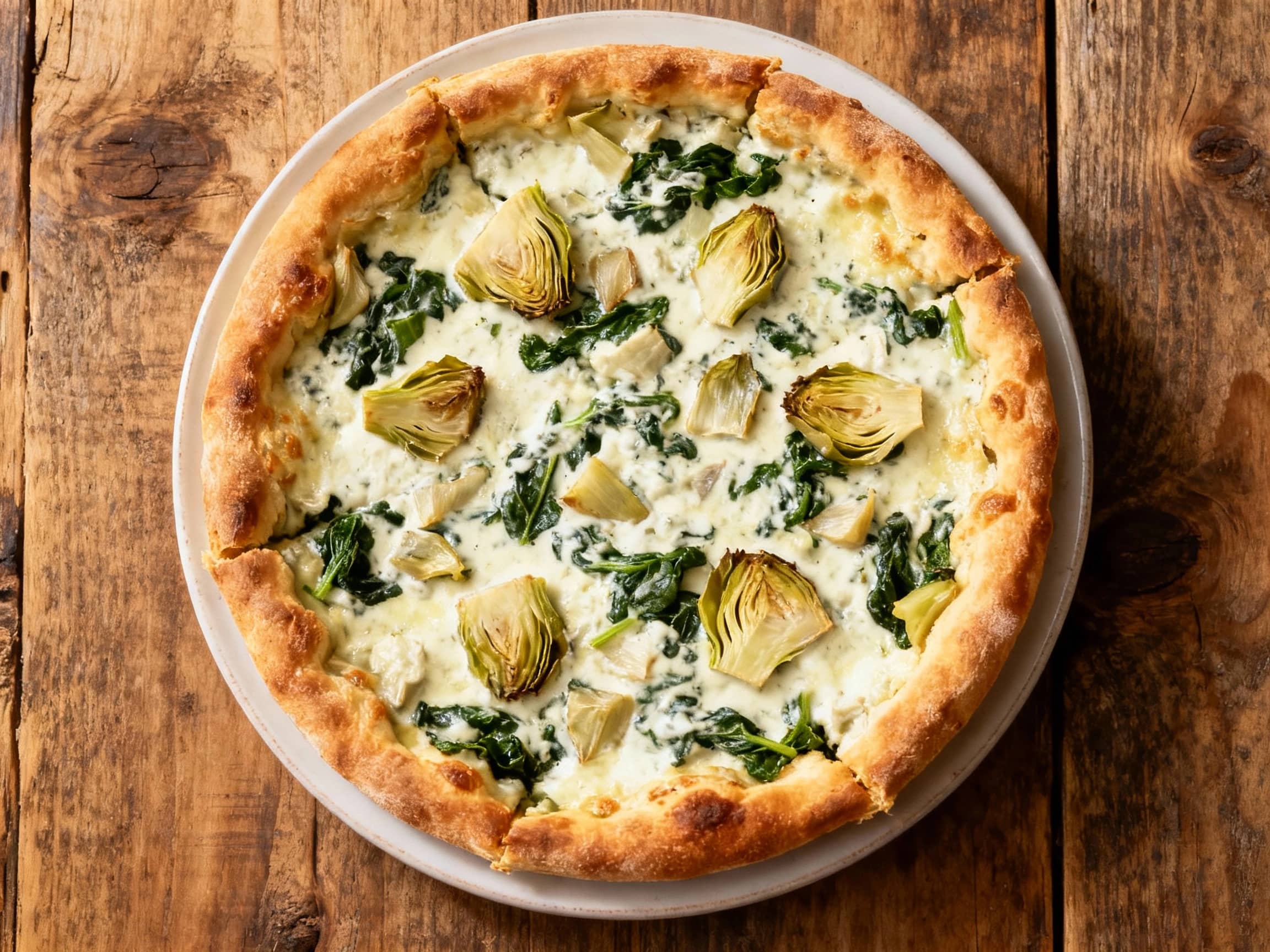 A golden-brown deep-dish pizza is generously topped with gooey melted cheese, vibrant green spinach, and tender artichoke hearts, promising a rich and satisfying bite.