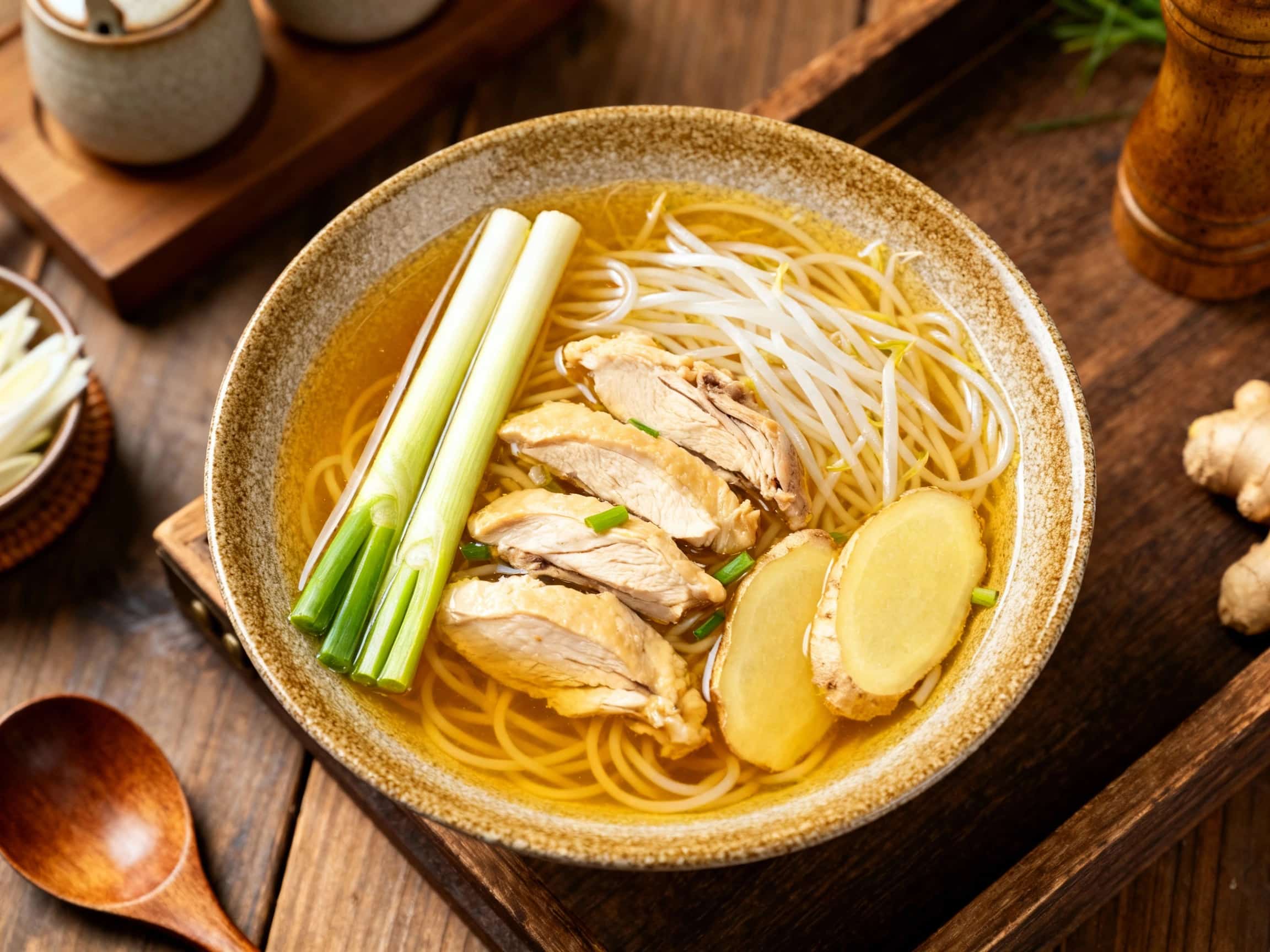 A beautifully presented bowl of Asian chicken noodle soup, with a rich, clear broth. Fluffy shredded chicken rests on a bed of delicate rice noodles, garnished generously with vibrant green cilantro and sliced green onions. A few red chili slices add a pop of color and hint at the soup's gentle warmth, inviting hungry eyes to savor this comforting and aromatic meal.