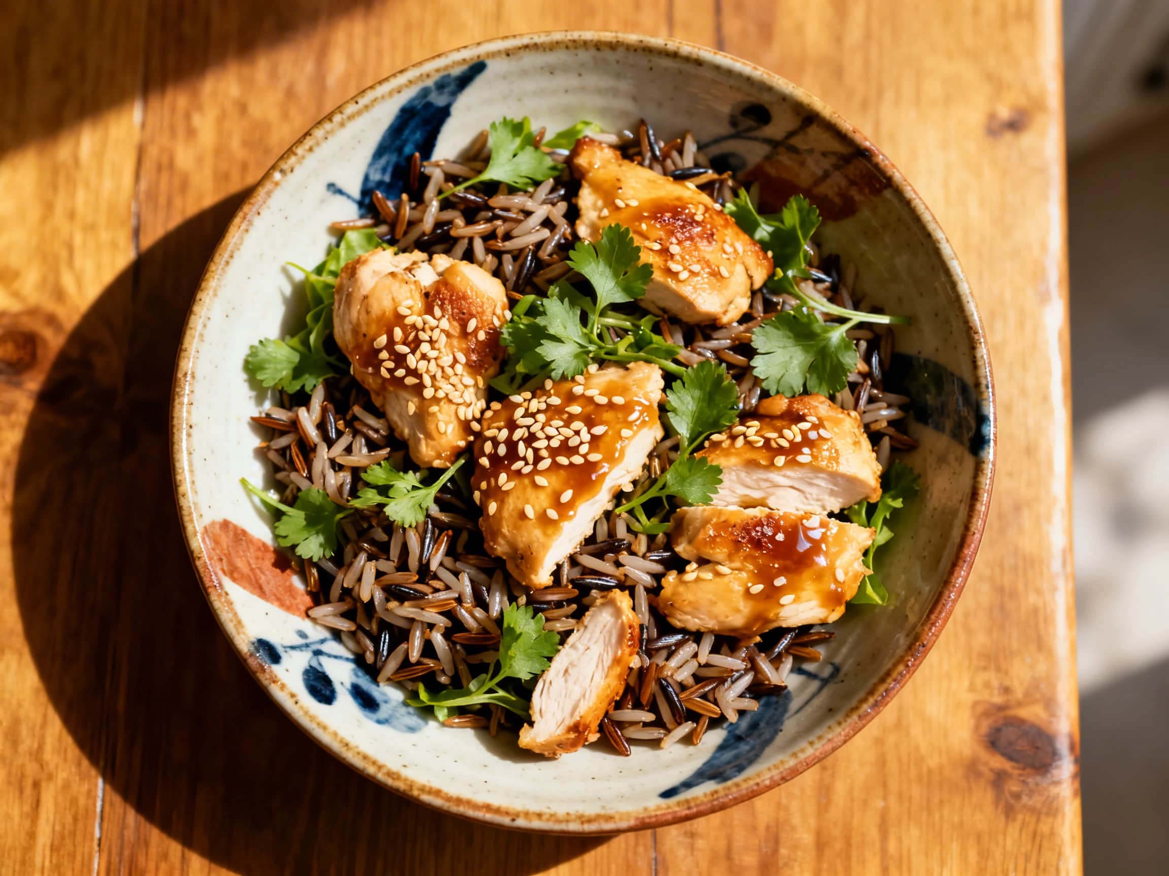 An overhead view of a colorful Asian Sesame Chicken and Wild Rice Salad in a large, round ceramic bowl. The salad features a mix of dark wild rice, shredded chicken, green shelled edamame, diced red bell peppers, and thinly sliced green scallions. Toasted slivered almonds are sprinkled on top, adding a textural contrast. The dish looks fresh, vibrant, and inviting, set against a simple wooden back
