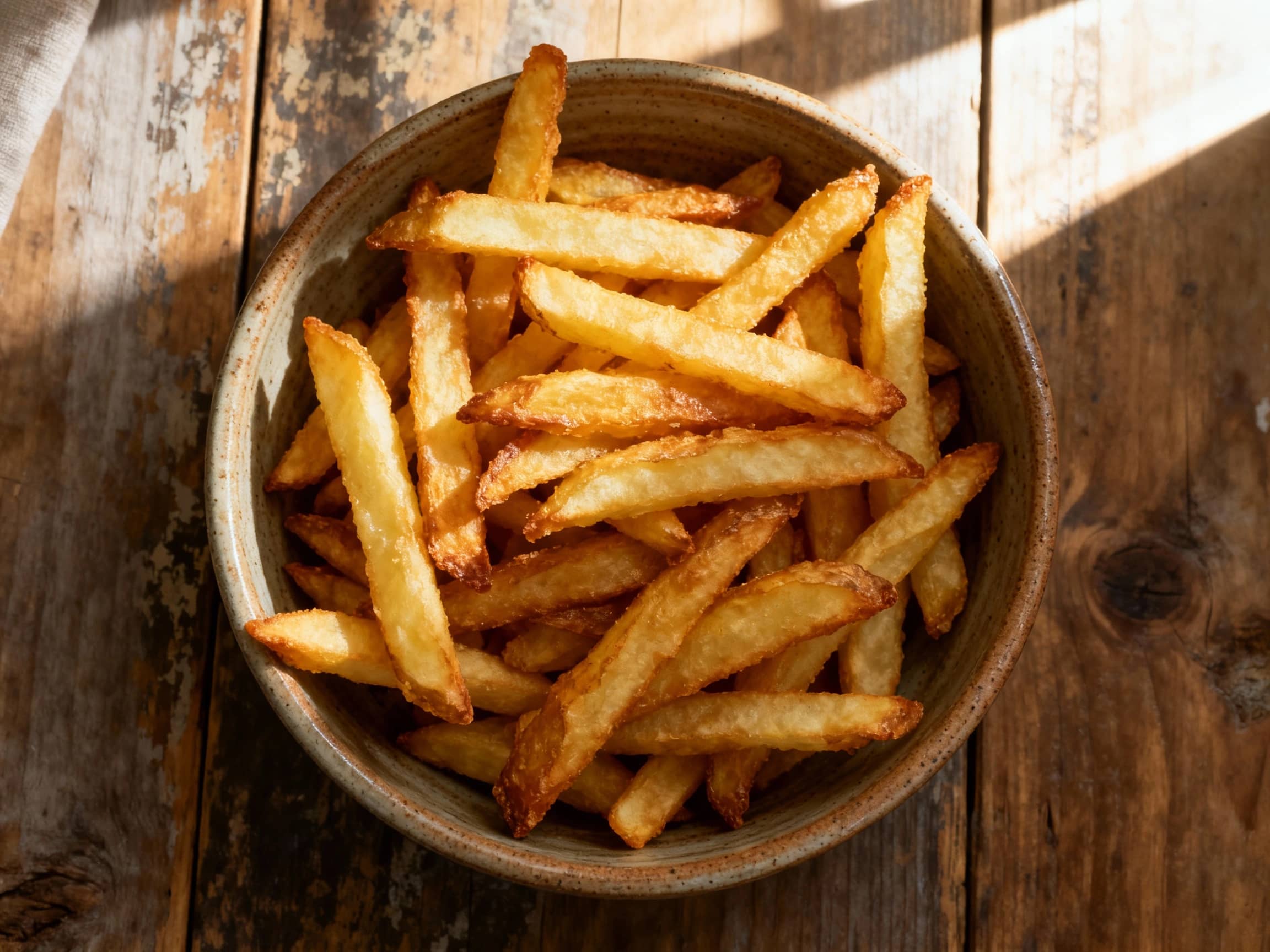 Golden-brown Belgian frites, double-fried for crispiness, are piled high and served in a red cone with a dollop of creamy mayonnaise for a classic street food presentation.