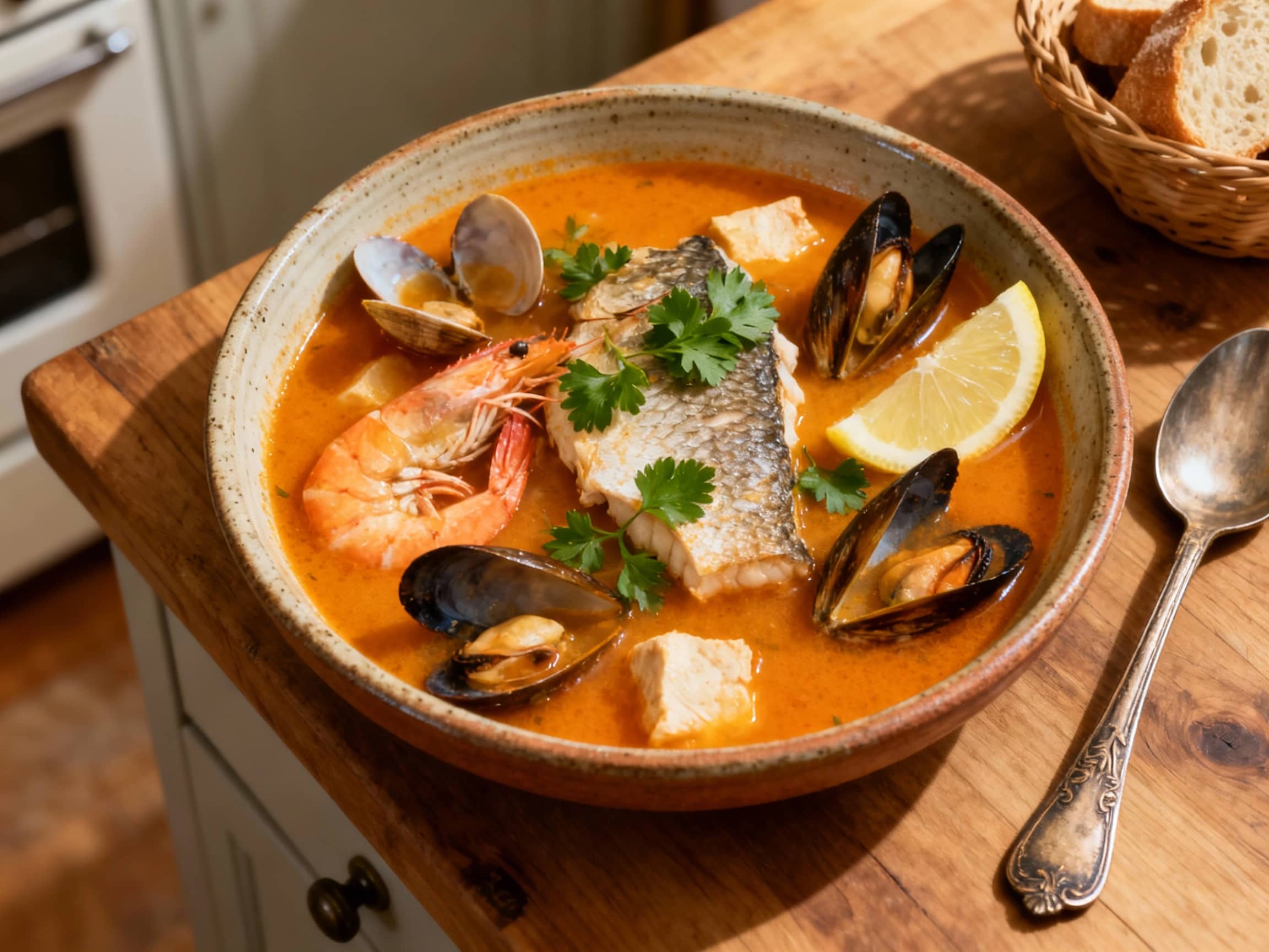 A steaming, rustic bowl of authentic Provençal bouillabaisse brims with tender fish, mussels, and shrimp in a rich, saffron-infused tomato broth, garnished with fresh parsley and served with crusty bread.