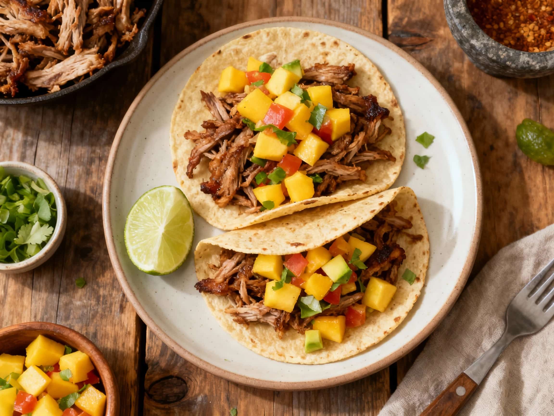 Heaps of tender, crispy carnitas are piled high onto warm corn tortillas, topped with a vibrant mango salsa, fresh cilantro, and a lime wedge for a delicious, savory bite.
