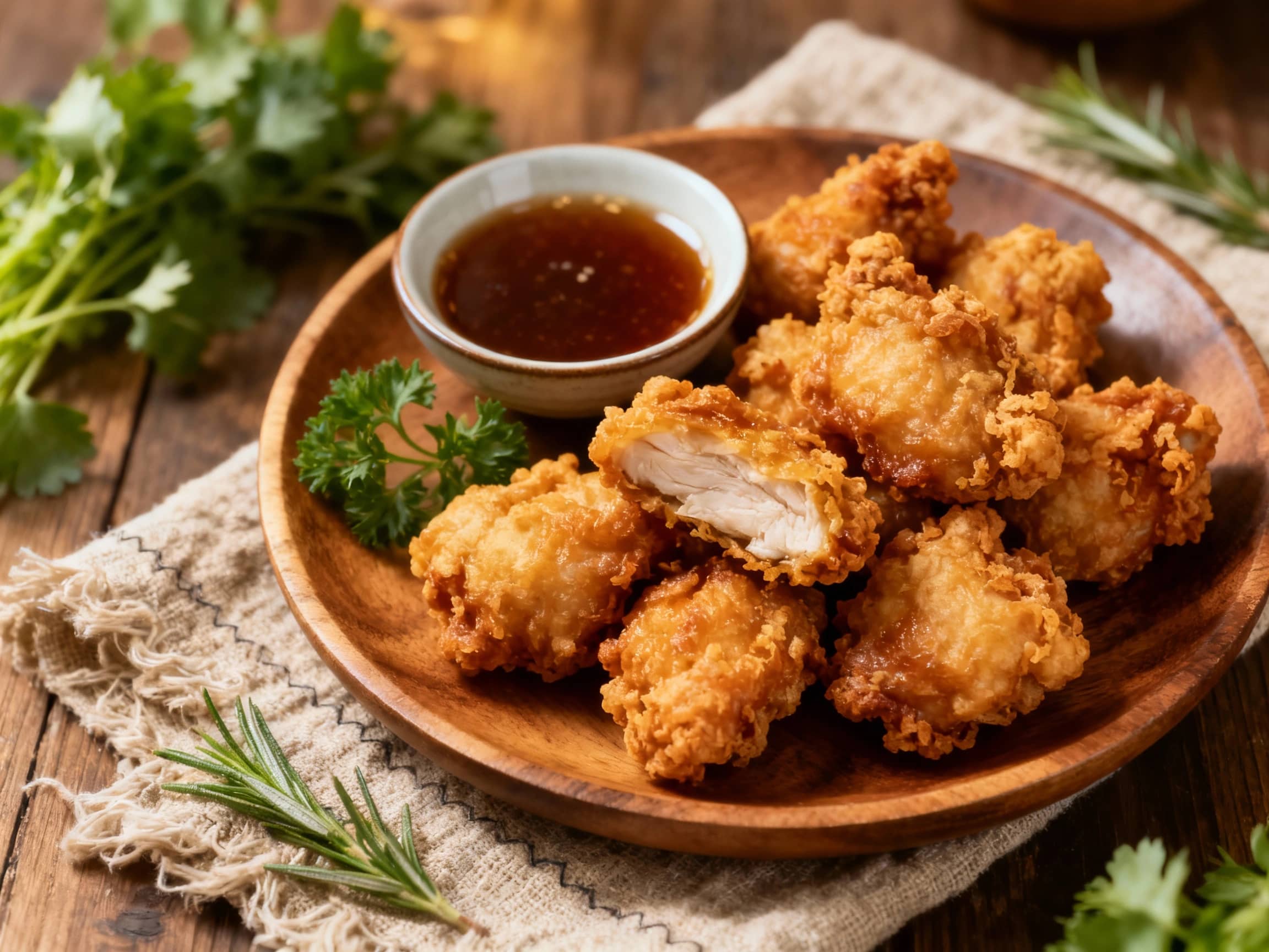Golden brown, crispy Japanese karaage fried chicken pieces are piled high on a white plate, garnished with fresh green scallions and a wedge of lemon, ready to be enjoyed.