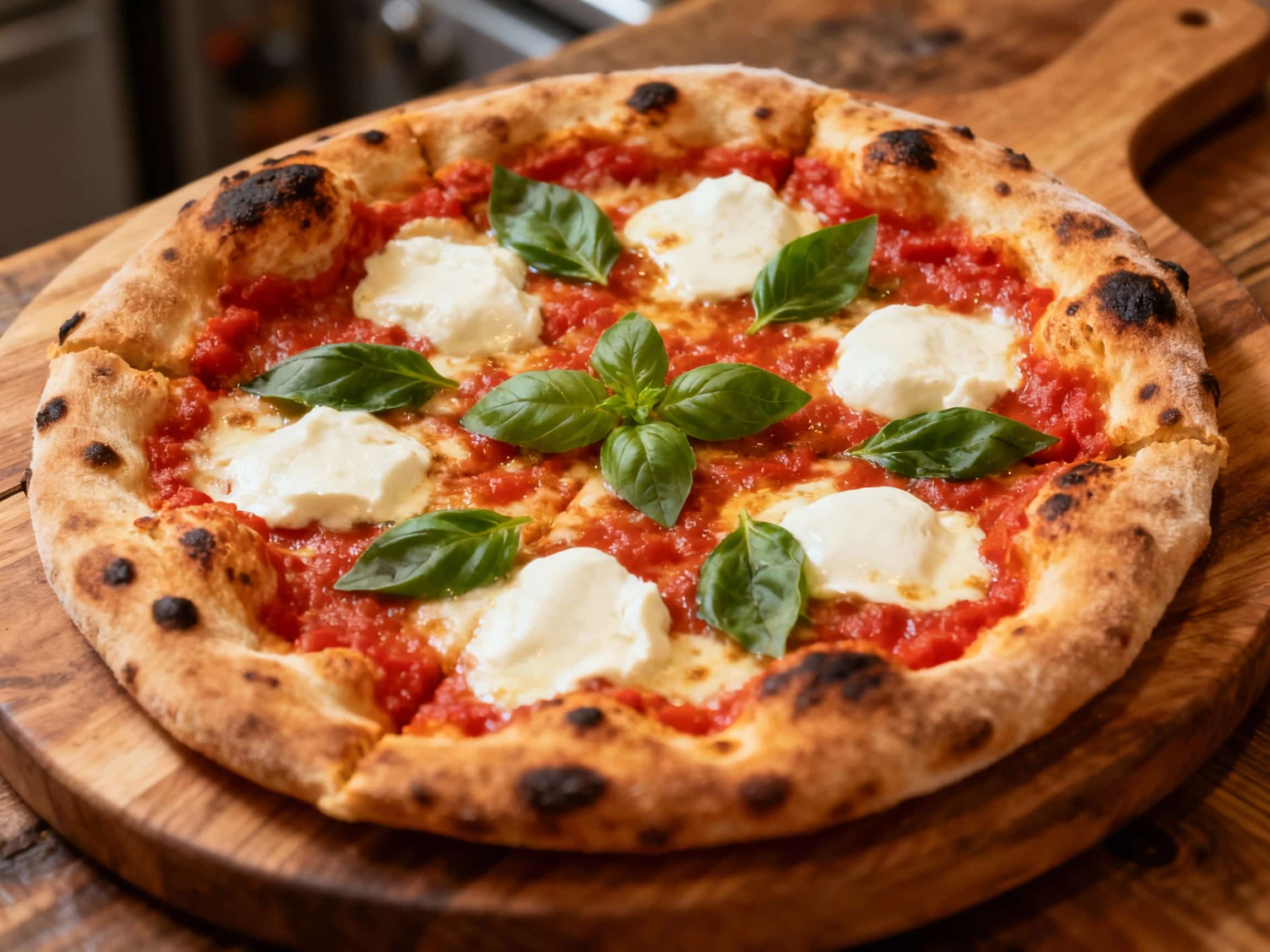A perfectly blistered, charred Neapolitan pizza rests on a wooden peel, topped with vibrant red tomato sauce, fresh mozzarella, and fragrant basil leaves under warm, inviting light.