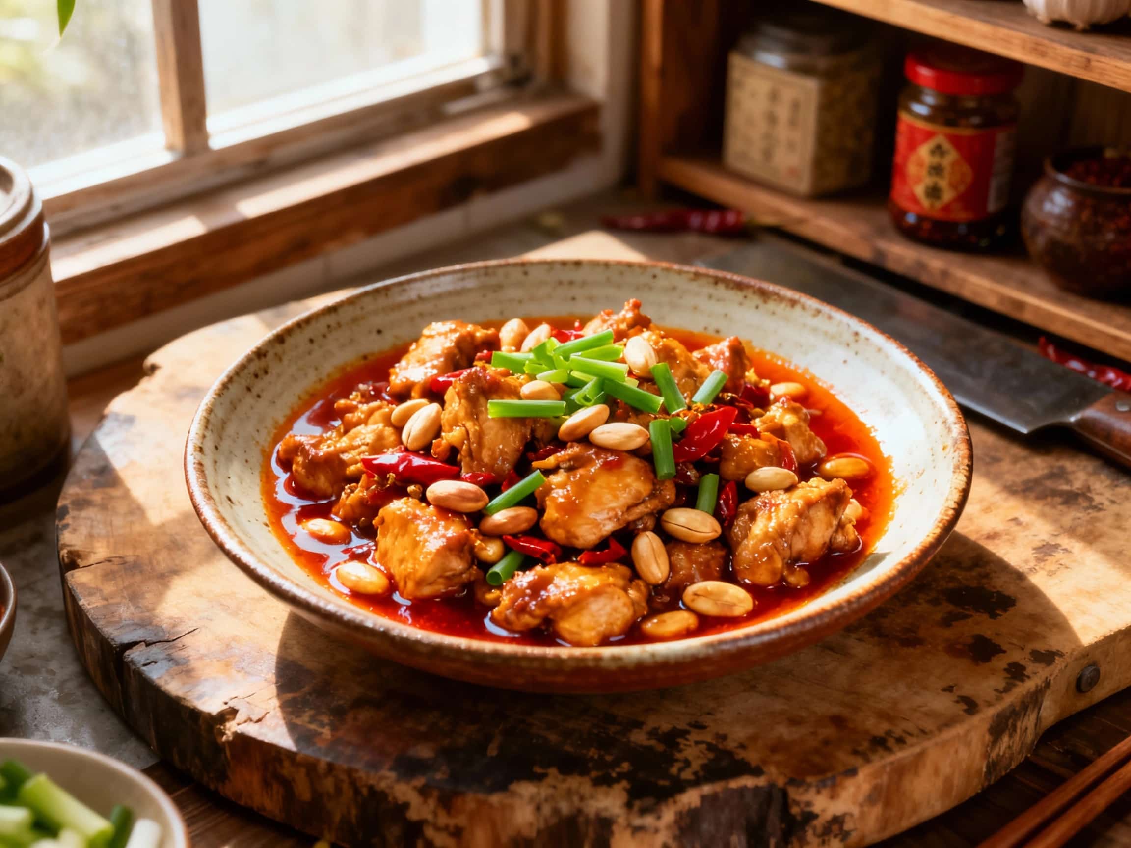 A colorful and glossy Kung Pao chicken dish, glistening with sauce, studded with peanuts and vibrant red chilies, sits invitingly on a plate, ready to be enjoyed.