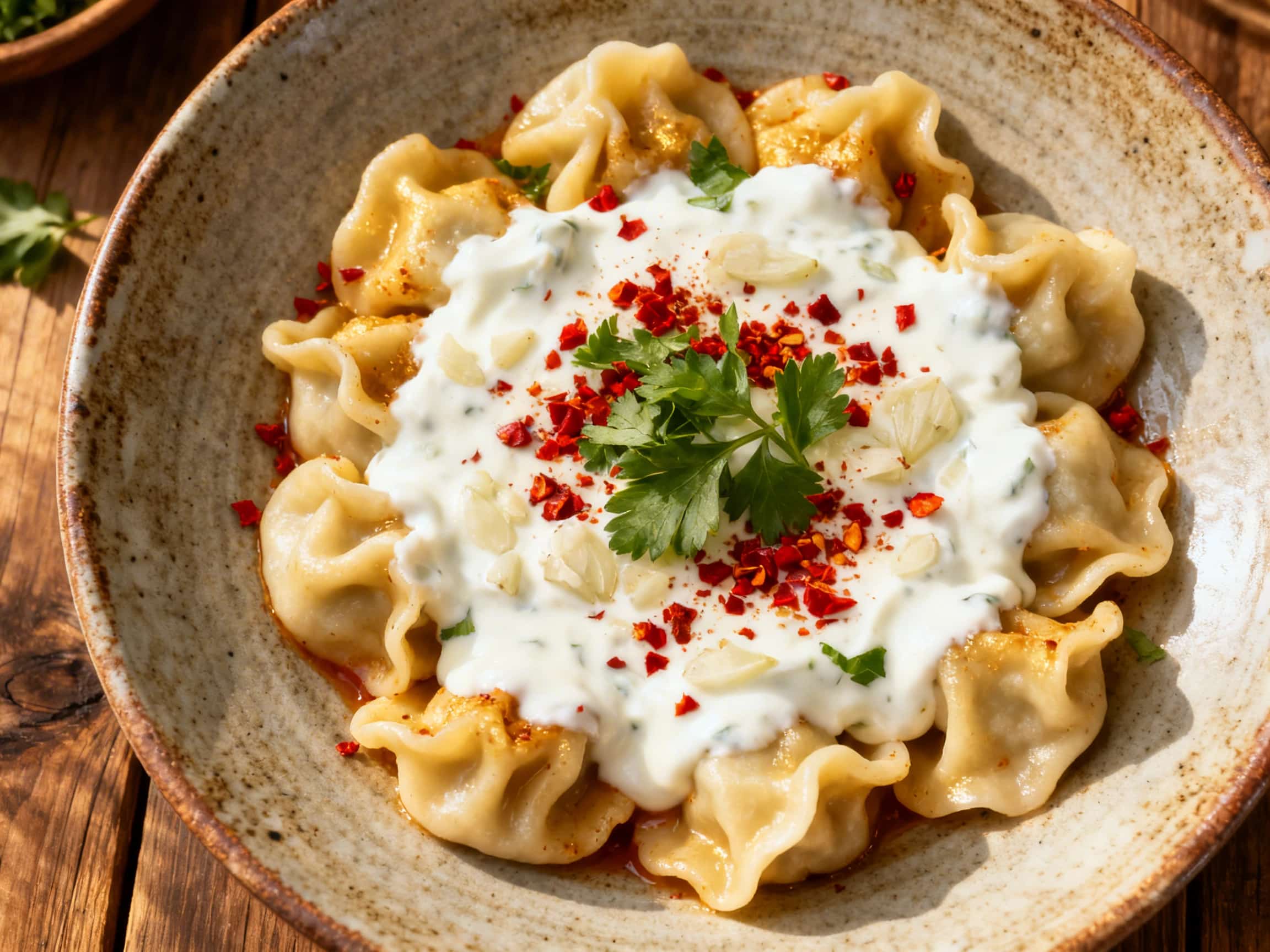 A rustic arrangement featuring a bowl of steaming Turkish Manti dumplings, generously topped with a cooling garlic yogurt sauce and contrasting bright red spiced butter. The butter is infused with red pepper flakes and dried mint, and sprigs of fresh mint garnish the dish. The bowl sits on a wooden surface, suggesting a cozy, traditional dining experience. The textures range from the smooth yogurt