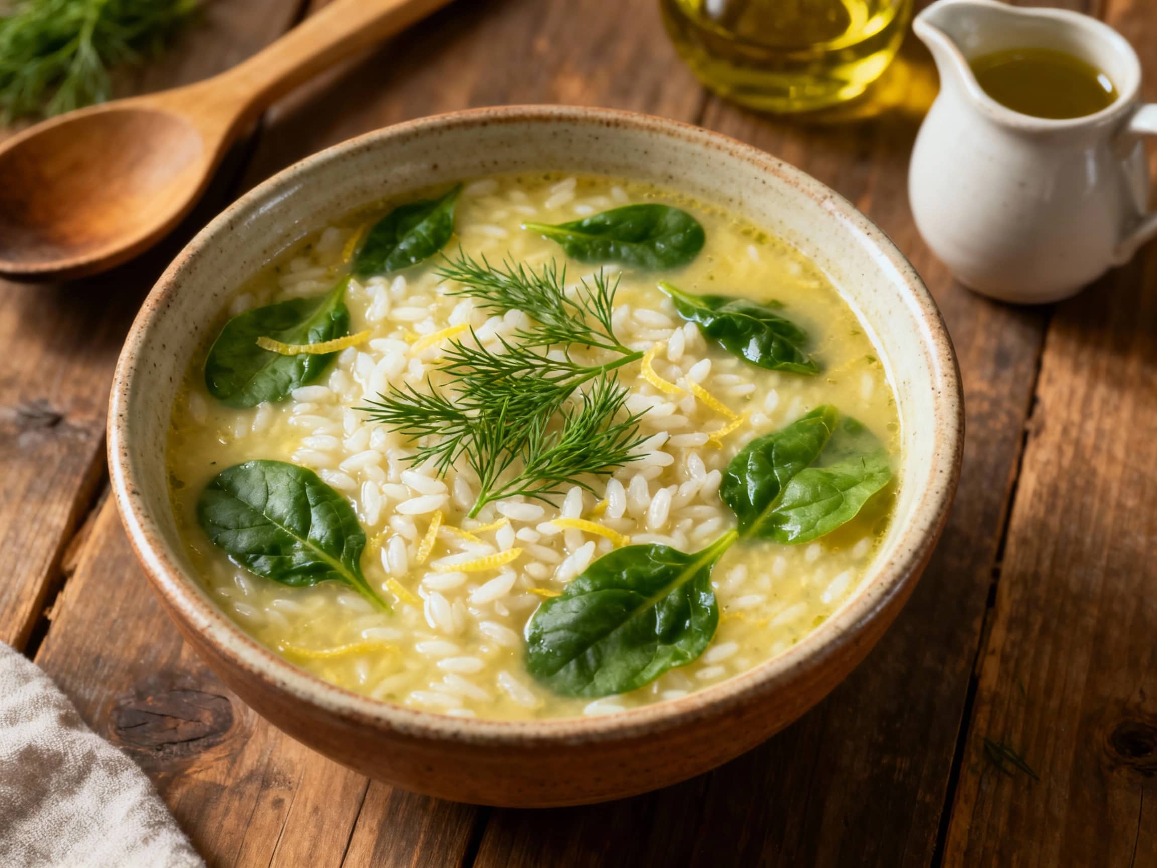 A comforting bowl of avgolemono rice soup is generously garnished with fresh dill and spinach, its creamy texture and vibrant green additions promising a delicious and healthy meal.