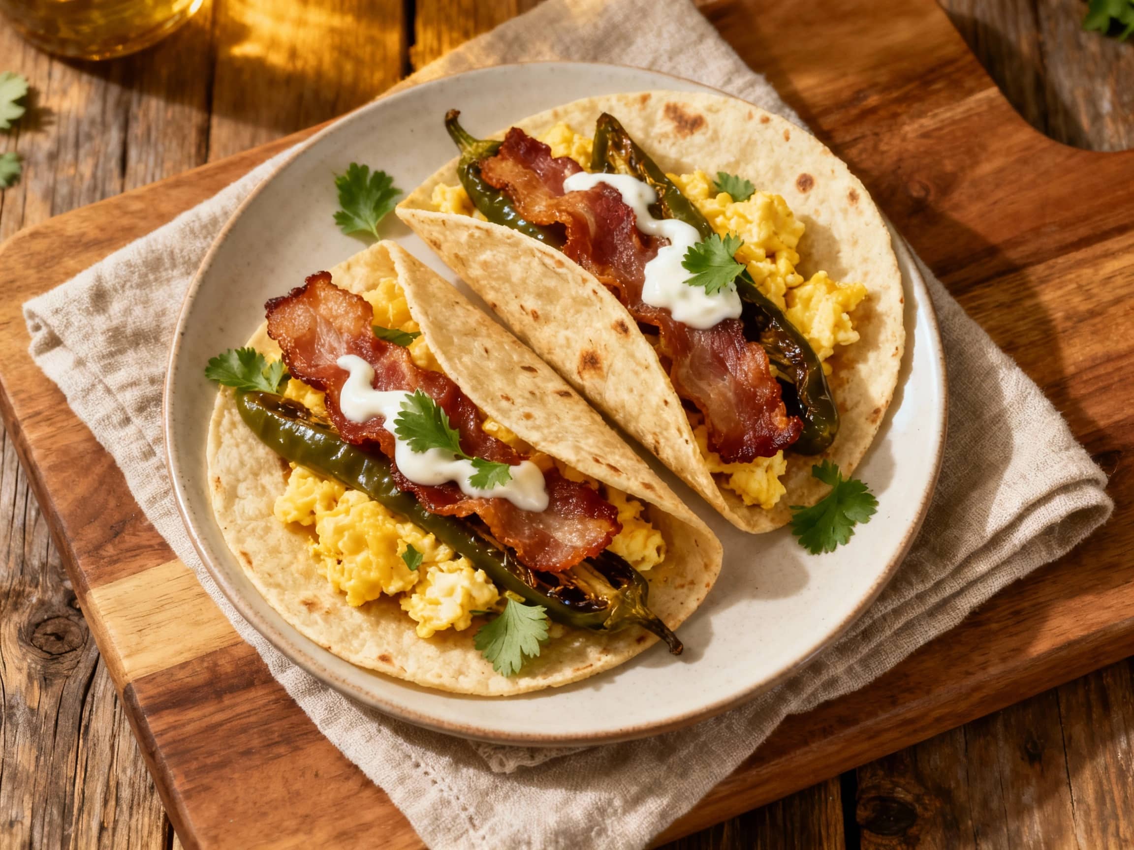 Three golden-brown corn tortillas are stuffed with scrambled eggs, crispy bacon, and roasted poblano peppers, garnished with fresh cilantro and a dollop of sour cream.