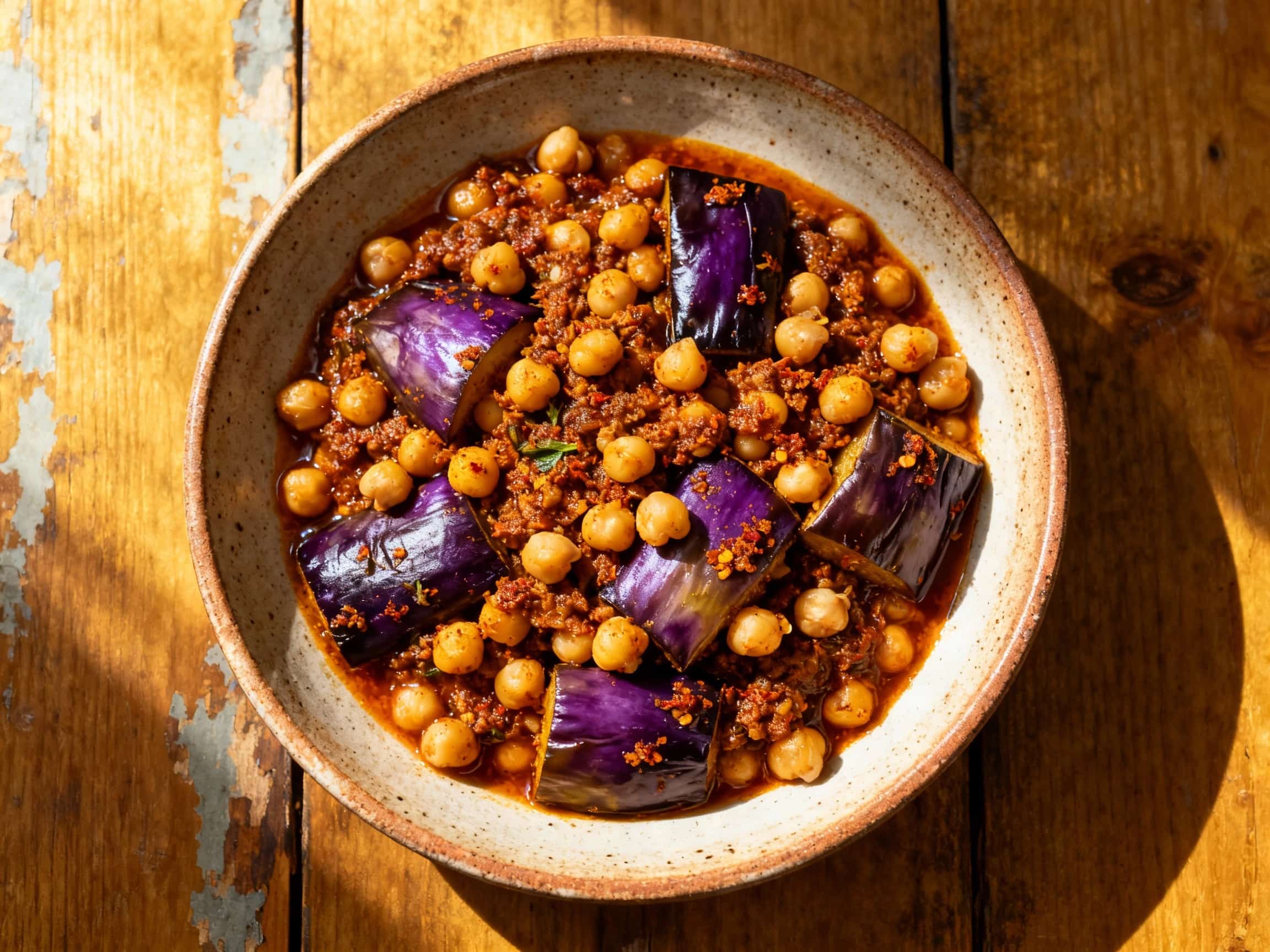 A vibrant, steaming Baharat Spiced Eggplant and Chickpea Stew served in a rustic ceramic bowl. The deep red stew showcases tender pieces of eggplant and whole chickpeas, generously topped with fresh green cilantro. The bowl rests on a wooden surface, with a side of couscous and crusty bread suggesting a complete and satisfying meal. The overall feel is warm and inviting.
