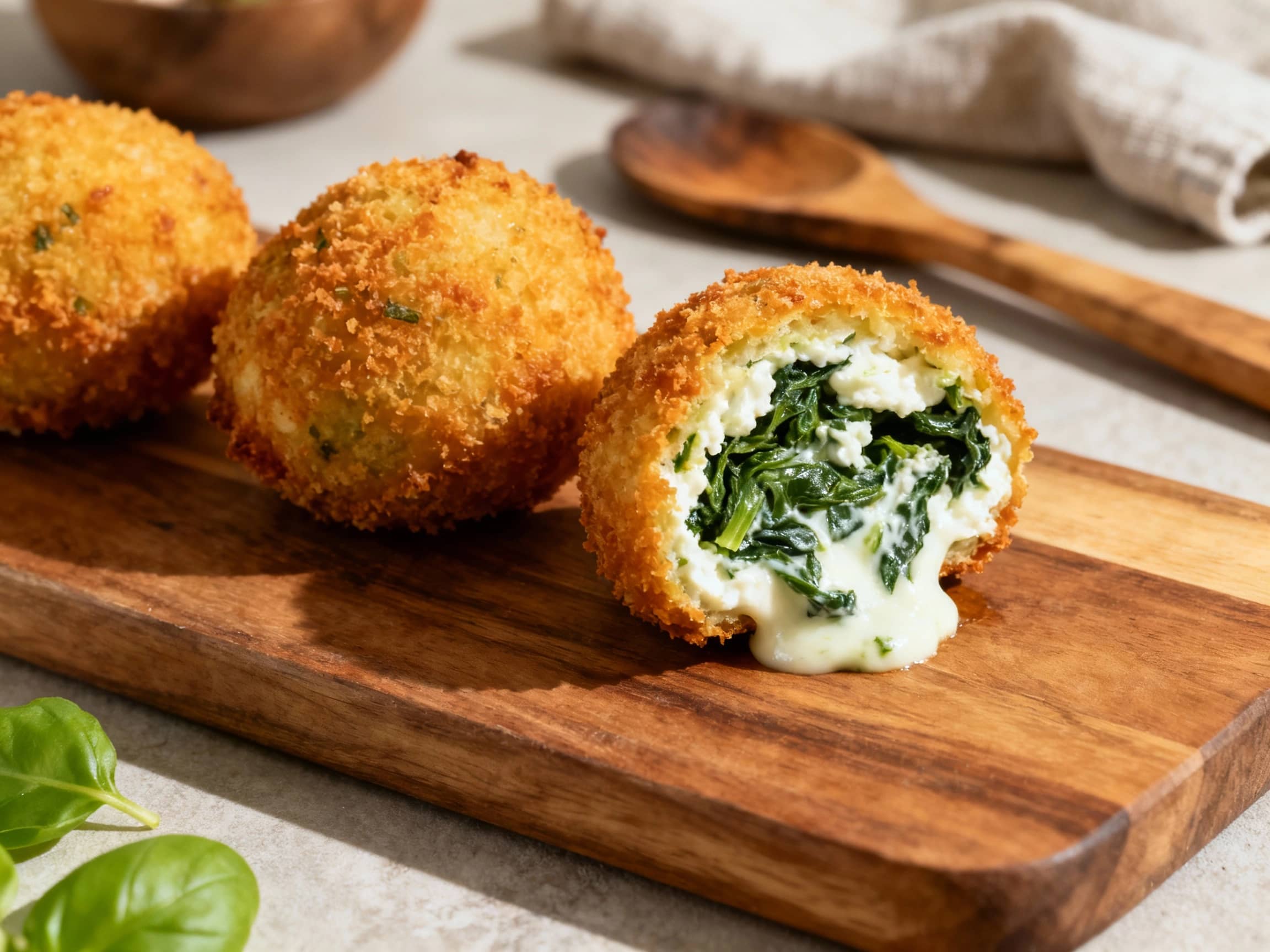 Golden brown, crispy arancini sit in a neat pile on a white plate, garnished with fresh parsley and a drizzle of marinara sauce.