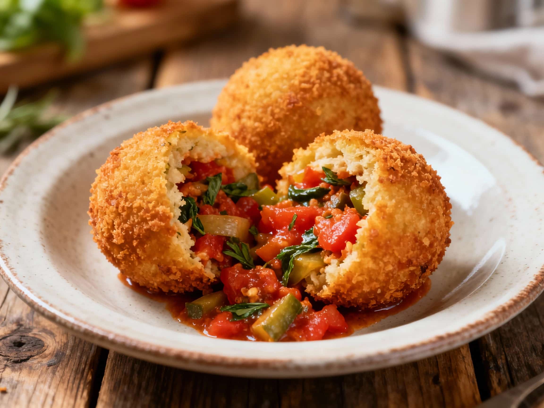 Golden-brown, crispy arancini sit atop a rich, vibrant vegetable ragu, garnished with fresh green scallions and a sprinkle of Parmesan.