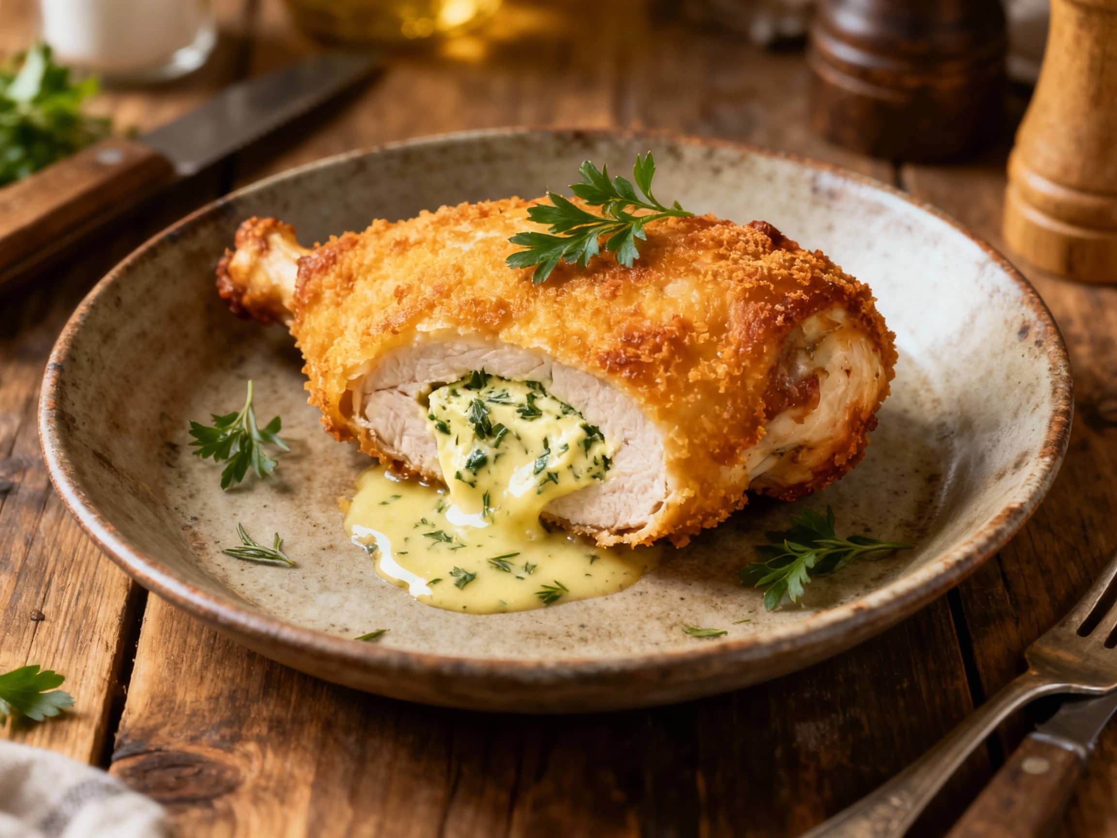 Golden-brown baked chicken breast, glistening with melted herb butter, rests on a rustic wooden board, ready to be sliced and reveal a vibrant green filling.
