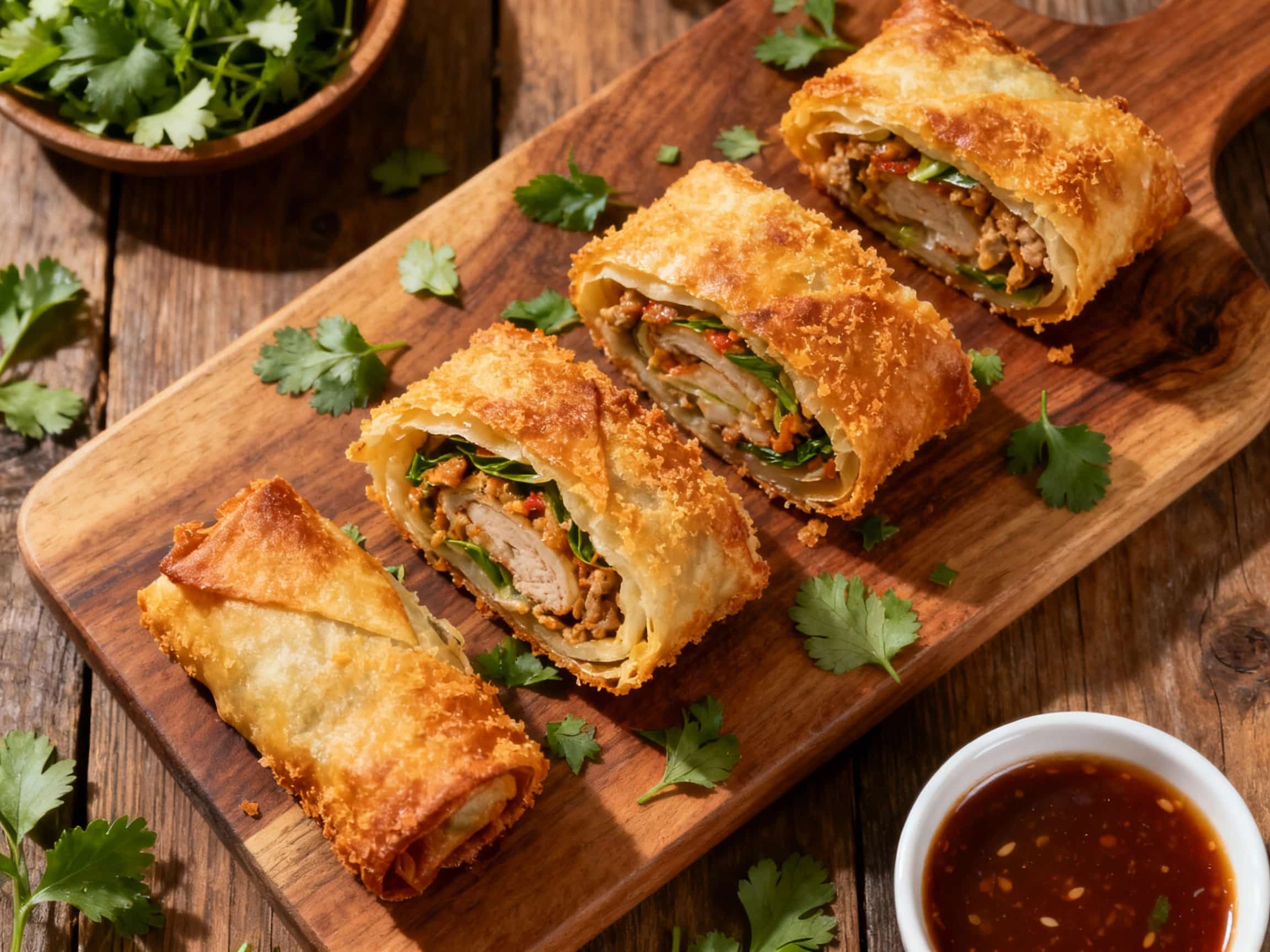 Golden-brown, crispy baked Chiko rolls are arranged in a rustic wooden bowl, garnished with fresh parsley and served with a side of soy dipping sauce.