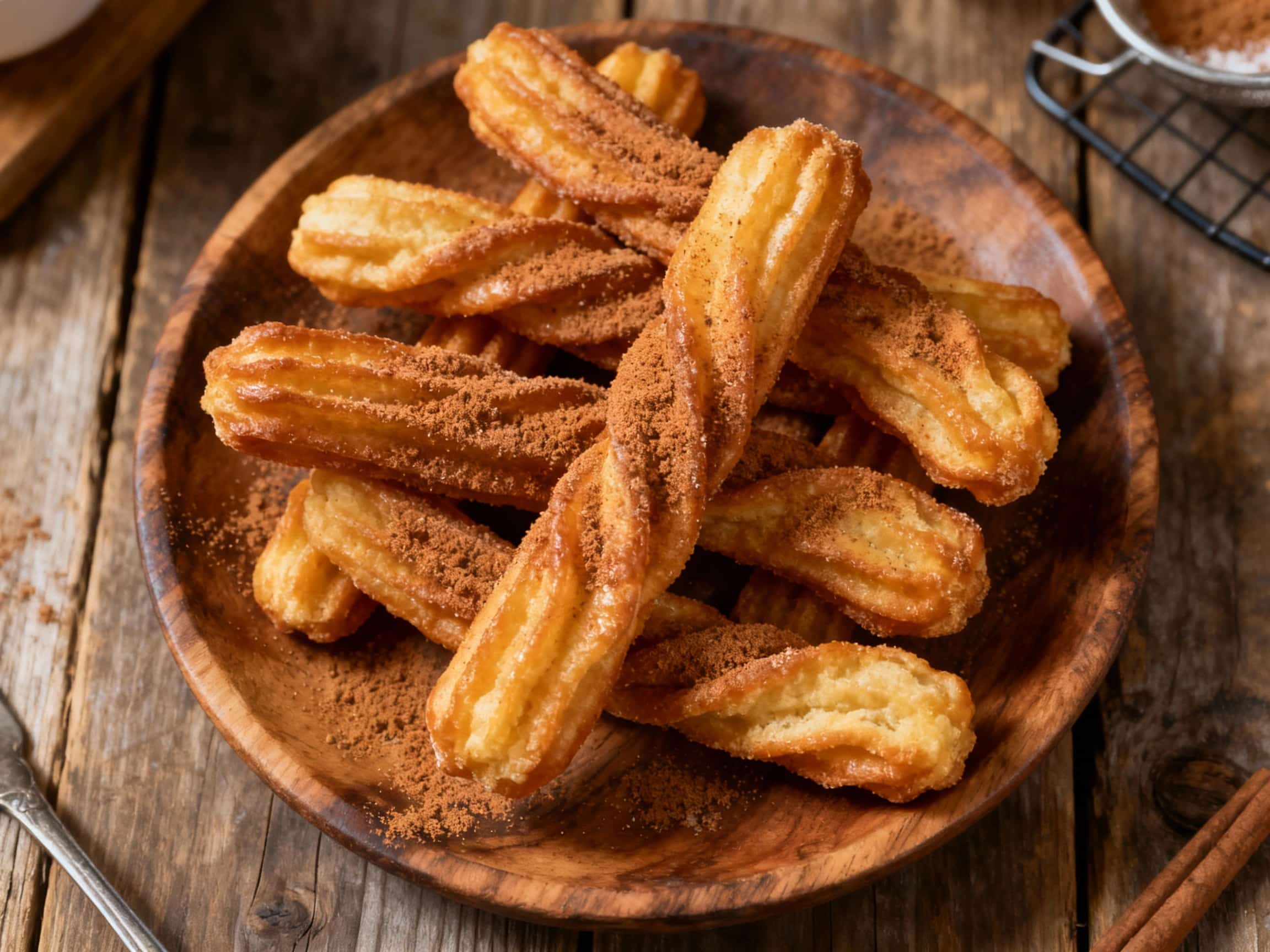 Golden-brown baked churros dusted generously with sparkling cinnamon sugar are arranged attractively on a white platter, ready for dipping.
