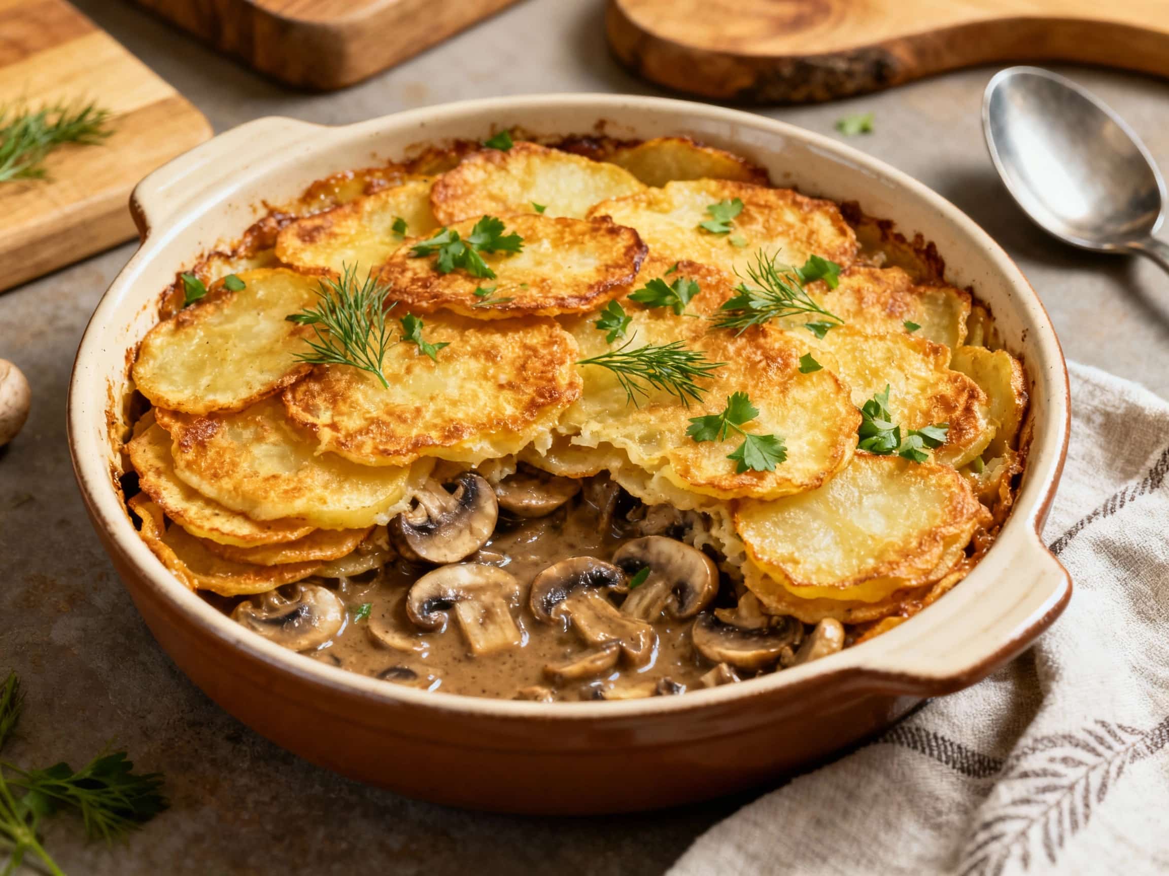 Golden-brown potato deruny casserole baked with earthy mushrooms, topped with a creamy sauce and fresh dill, presented invitingly in a rustic ceramic dish.