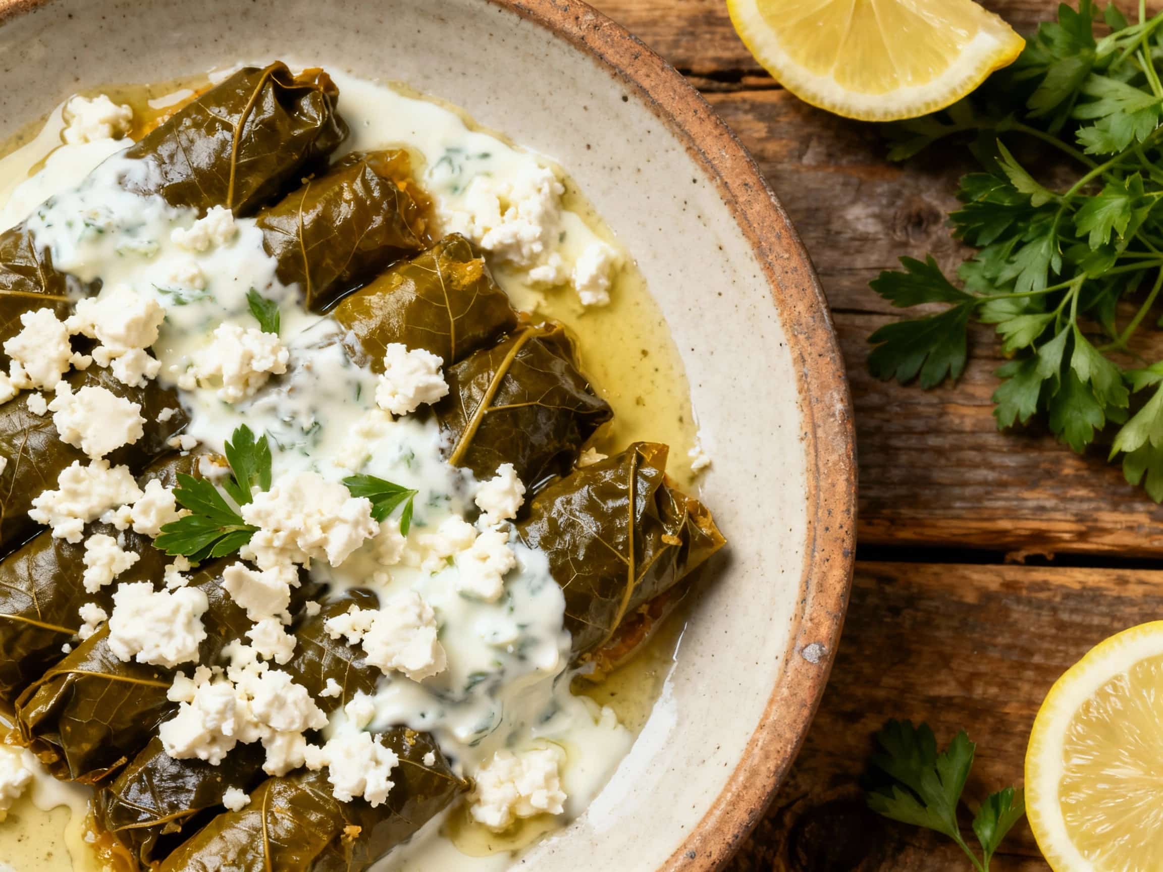 Plump, golden-brown grape leaves are baked to perfection, nestled in a white ceramic dish and glistening with olive oil, ready to be spooned with creamy lemon-yogurt sauce and sprinkled with crumbled feta.