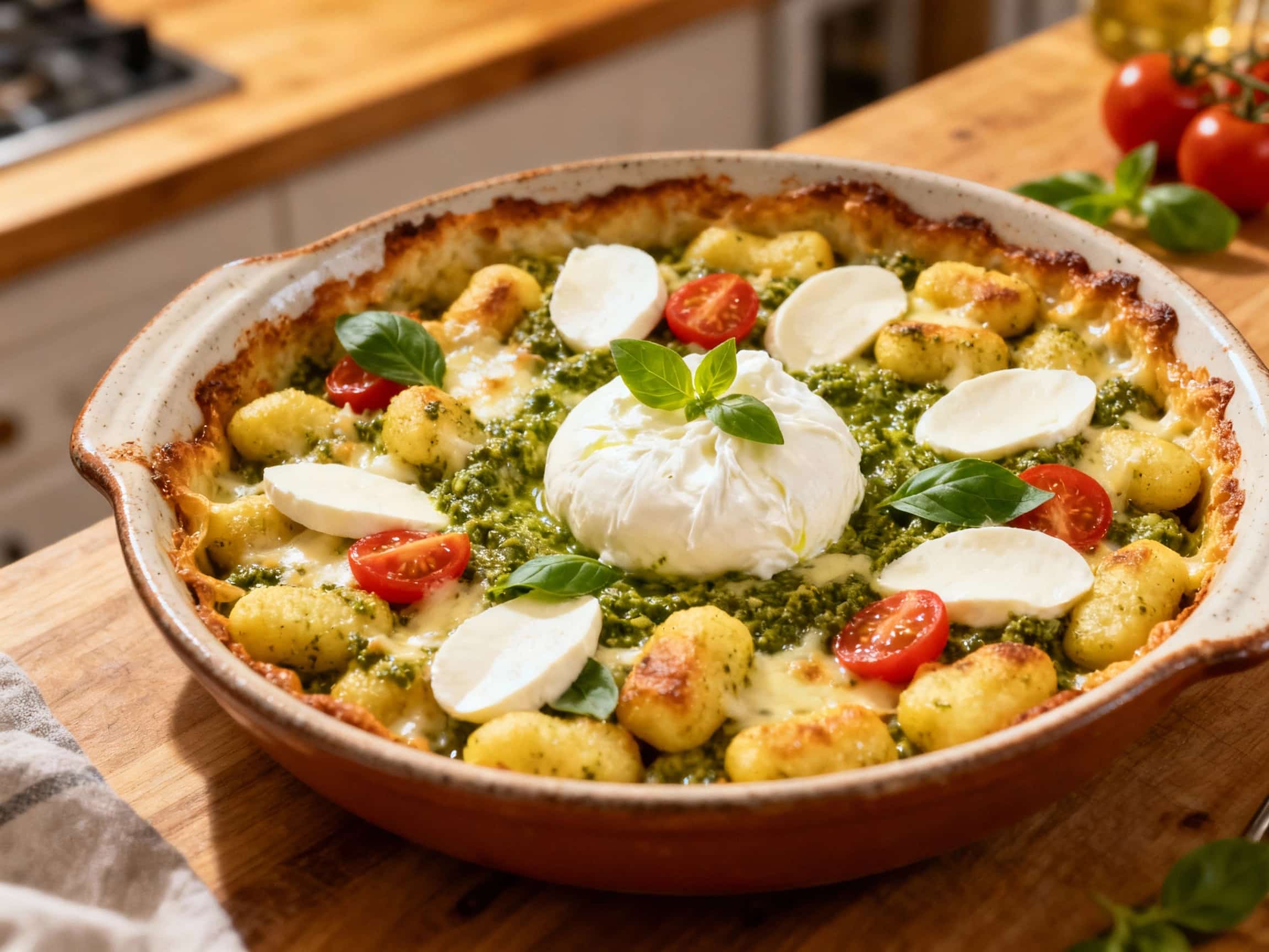 A rustic cast iron skillet overflows with golden baked gnocchi tossed in vibrant green pesto, topped with creamy, melted mozzarella and luscious dollops of burrata, ready to be devoured.