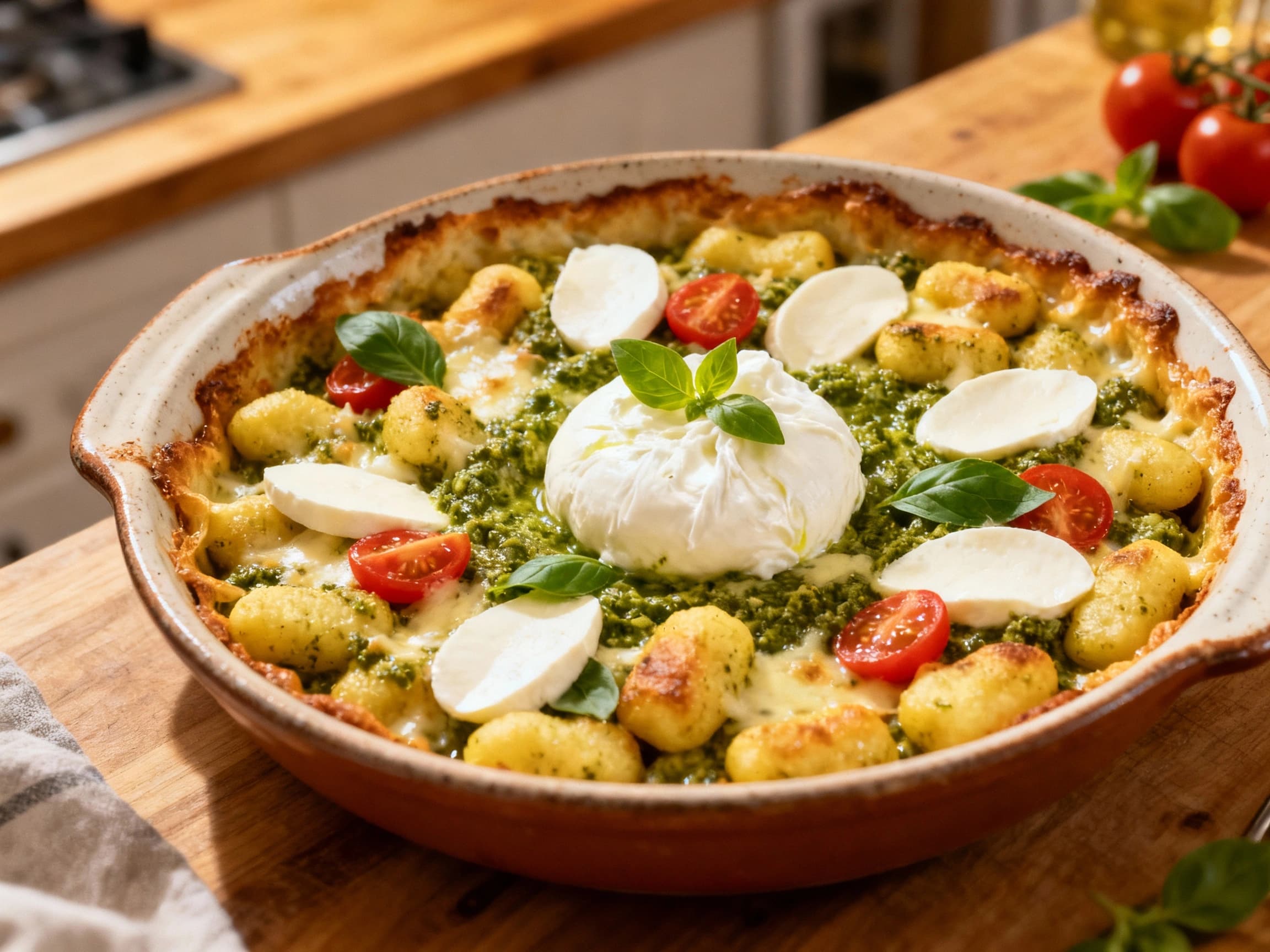 Baked Gnocchi al Pesto with Burrata and Mozzarella