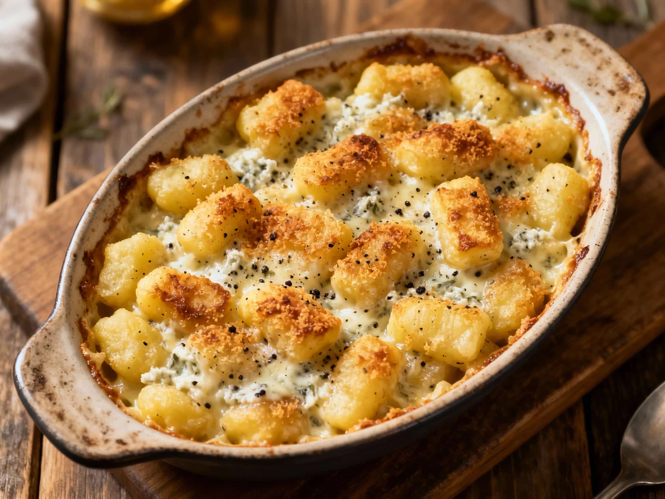 Golden-brown baked gnocchi bubbles in a creamy, cheesy sauce, topped with fresh cracked pepper and a sprinkle of parsley, creating a comforting and indulgent gratin.