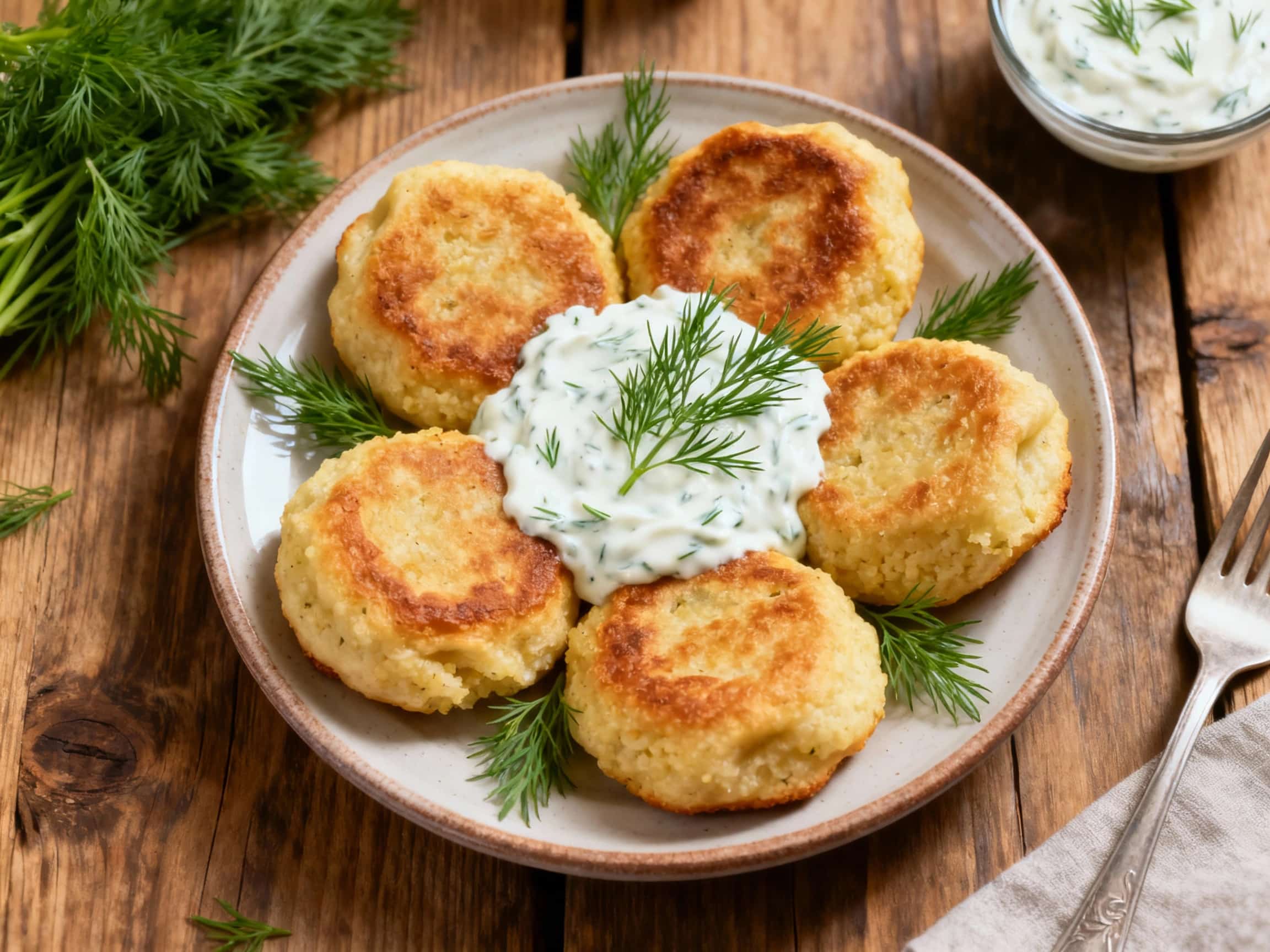 Golden-brown baked grechanyky, or buckwheat patties, are arranged on a rustic wooden board, served with a side of creamy dill dip and fresh dill sprigs, bathed in warm, inviting light.
