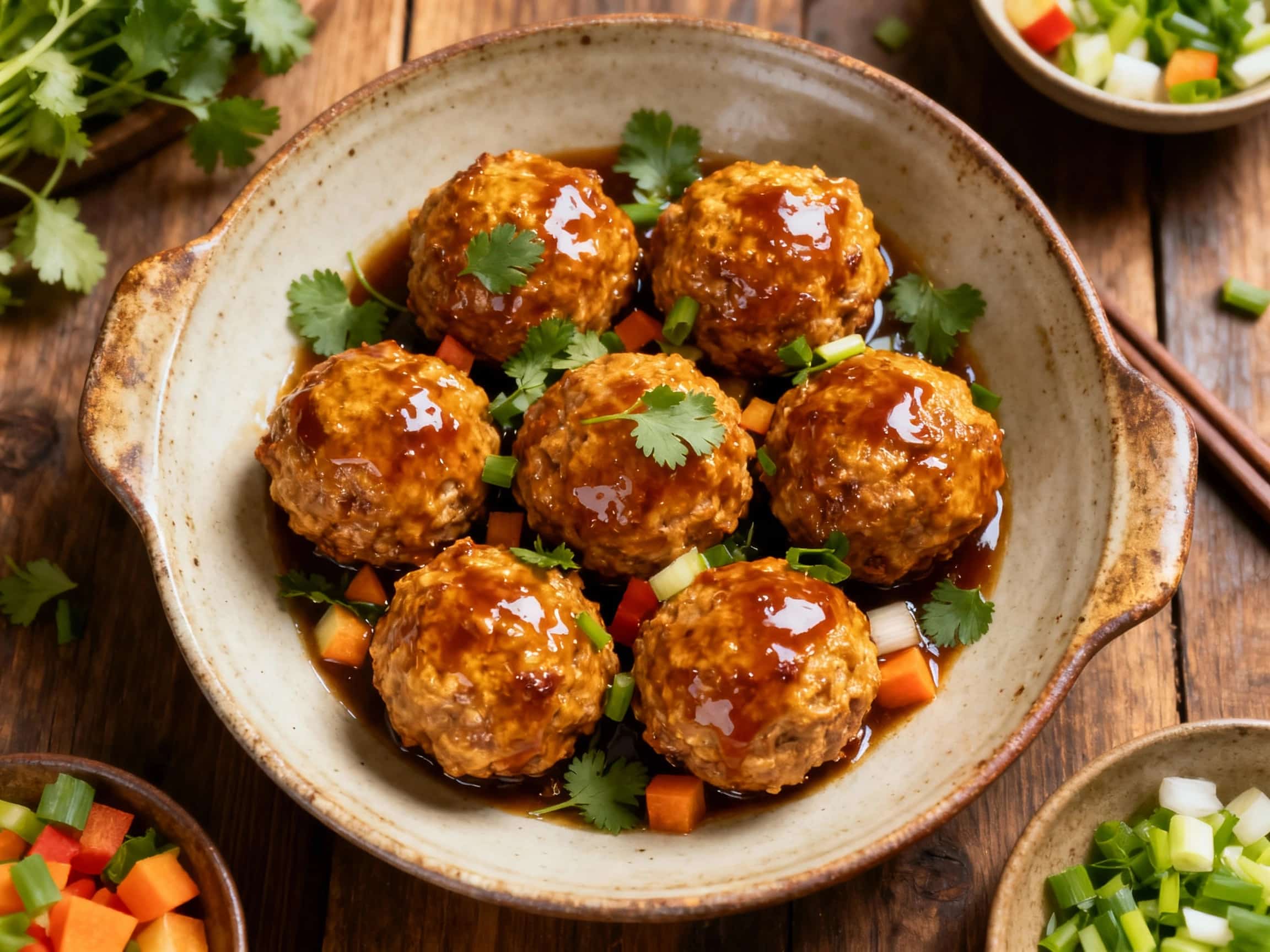 Plump, golden-brown Lion's Head meatballs, glazed with a shimmering hoisin sauce, sit nestled in a shallow white dish, garnished with vibrant green scallions and a sprinkle of toasted sesame seeds.