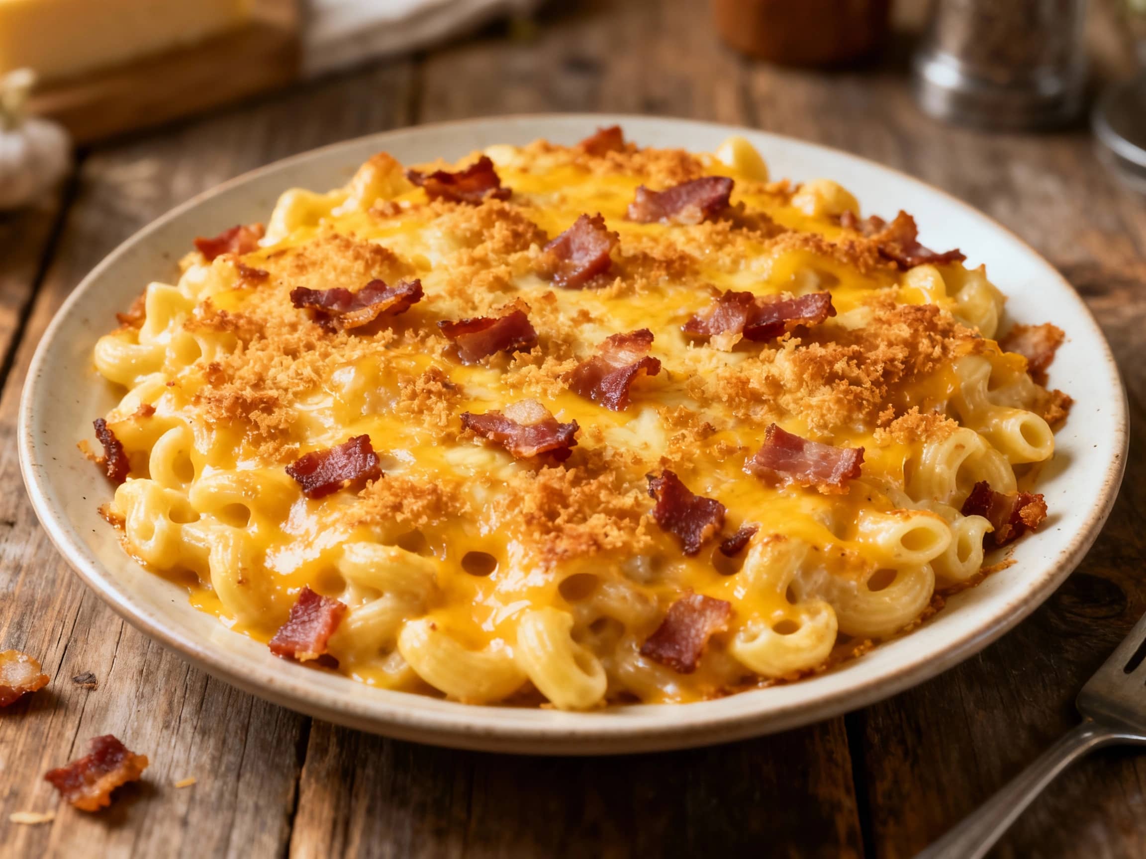 A close-up shot shows a glorious baked mac and cheese, bubbling with melted Gruyère and topped with crispy bacon bits, all bathed in warm, inviting light.