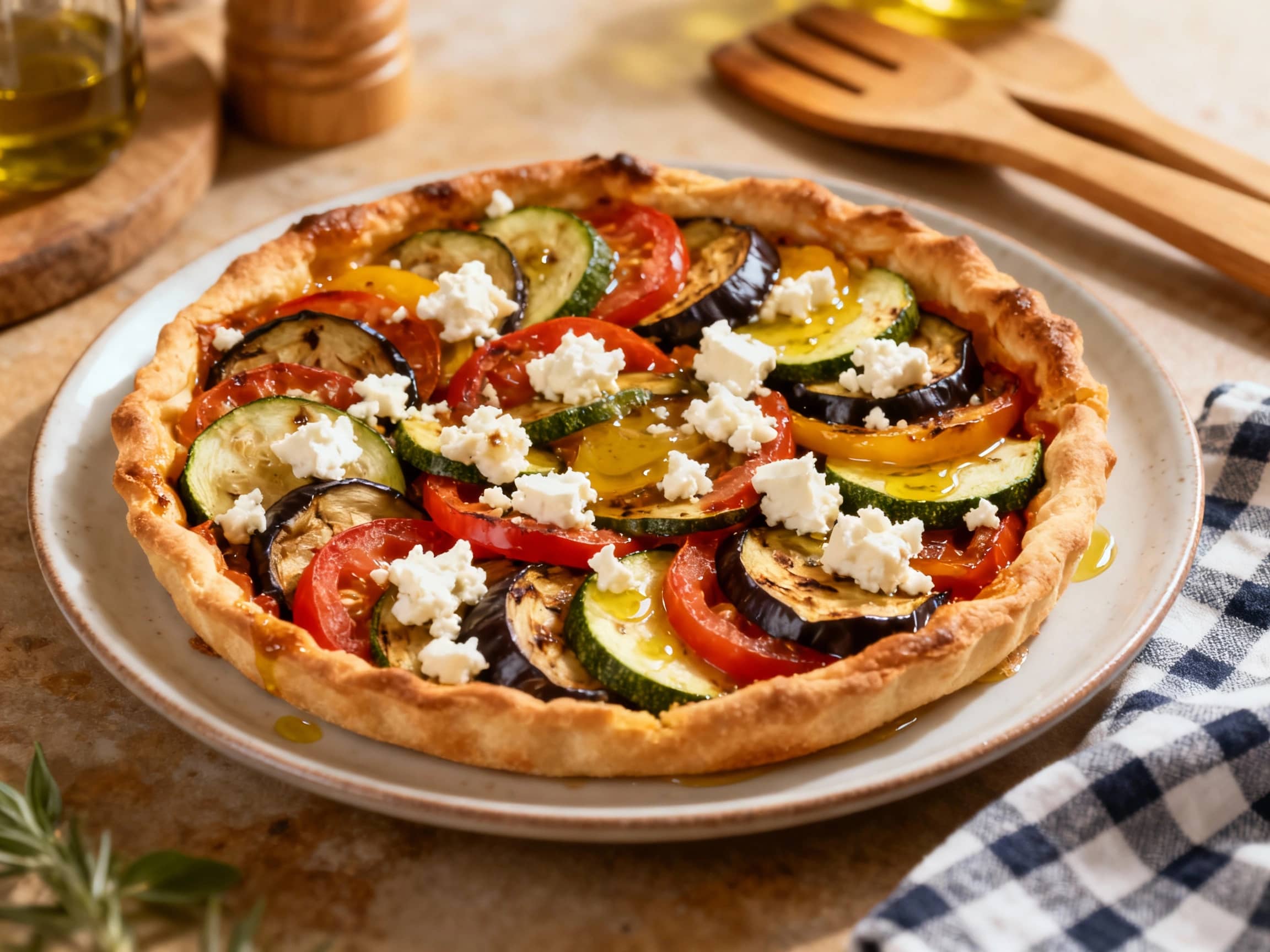 A rustic, free-form tart is filled with colorful baked ratatouille vegetables and topped with crumbled feta cheese, ready to be sliced.
