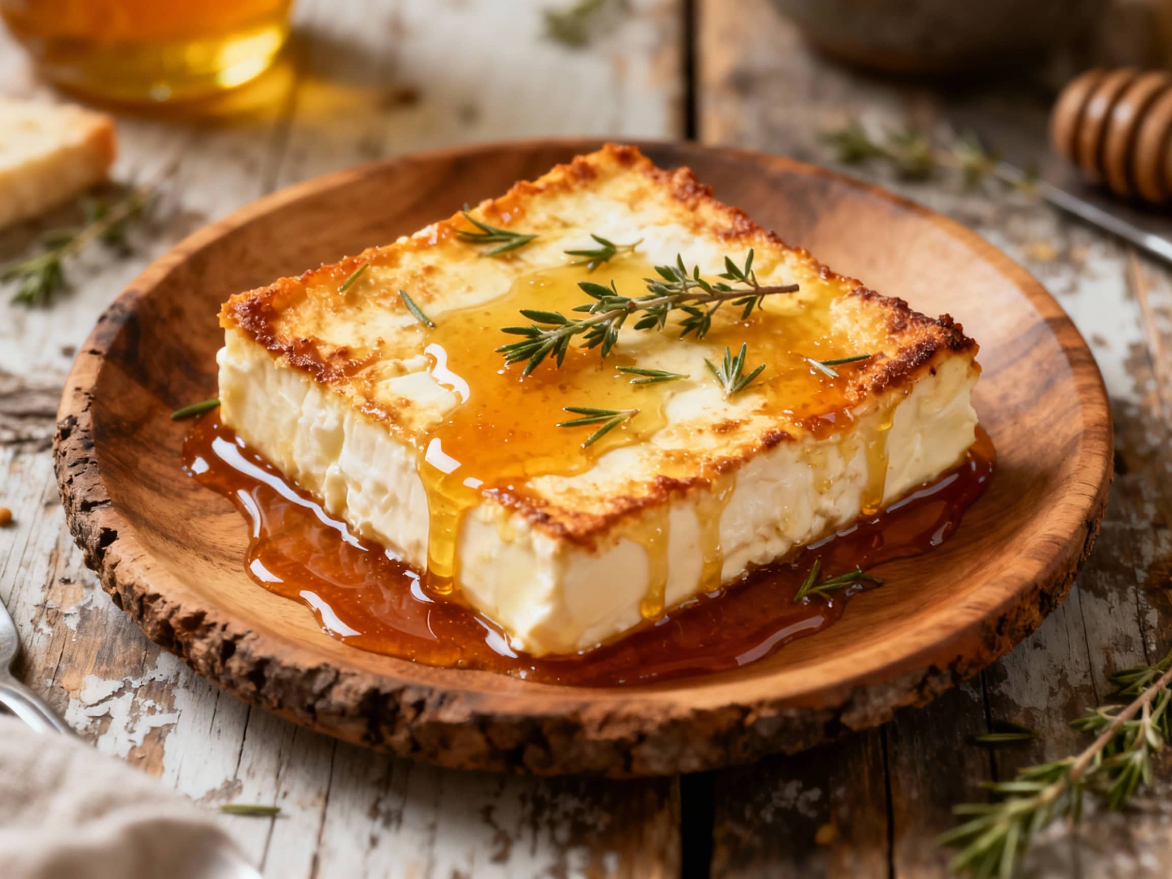 A golden-brown wedge of baked saganaki cheese, glistening with honey and sprinkled with fresh thyme, sits invitingly on a white plate.