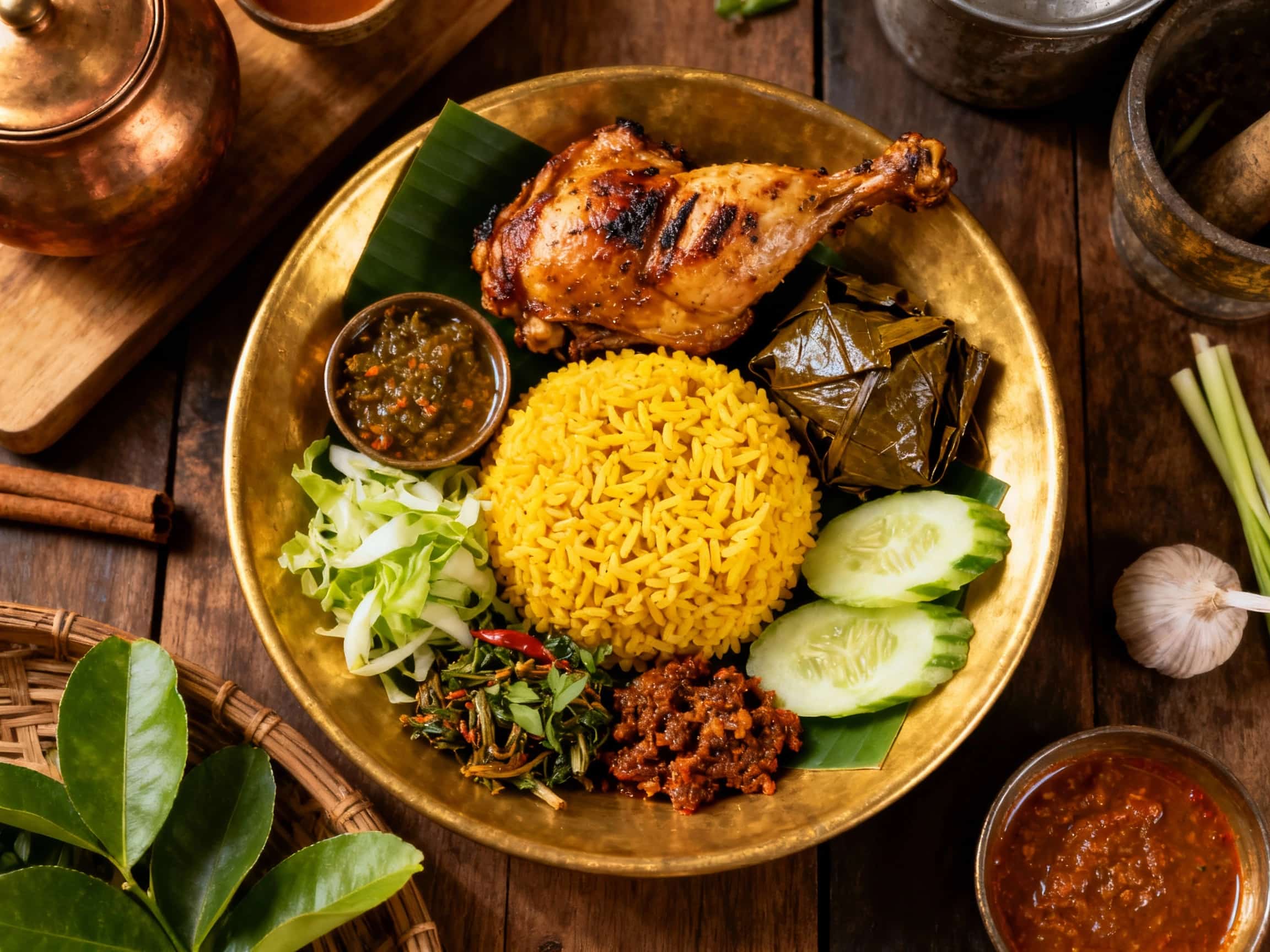 A beautifully plated Balinese Nasi Campur showcasing tender Chicken Betutu, fluffy white rice, crisp long beans, golden-brown tempeh, and spicy sambal matah, offering a diverse and colorful array of Indonesian flavors and textures. The dish is presented invitingly on a traditional woven mat.