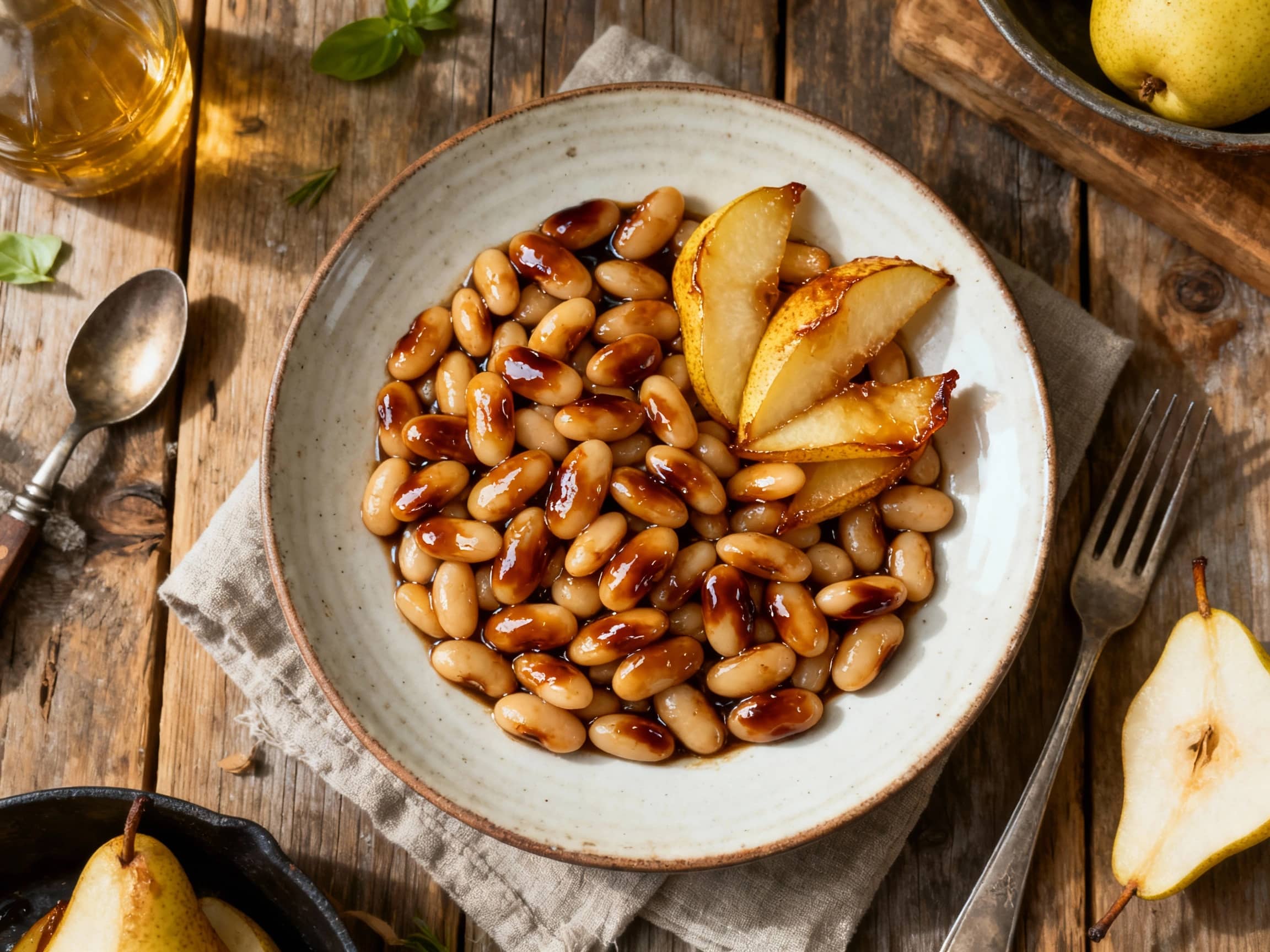 A rustic brown bowl filled with warm, balsamic-glazed cannellini beans and tender pear slices. Fresh rosemary sprigs garnish the dish, which is presented on a wooden surface next to crusty bread. The scene is bathed in soft, inviting light, highlighting the rich luster of the glaze and the creamy texture of the beans.