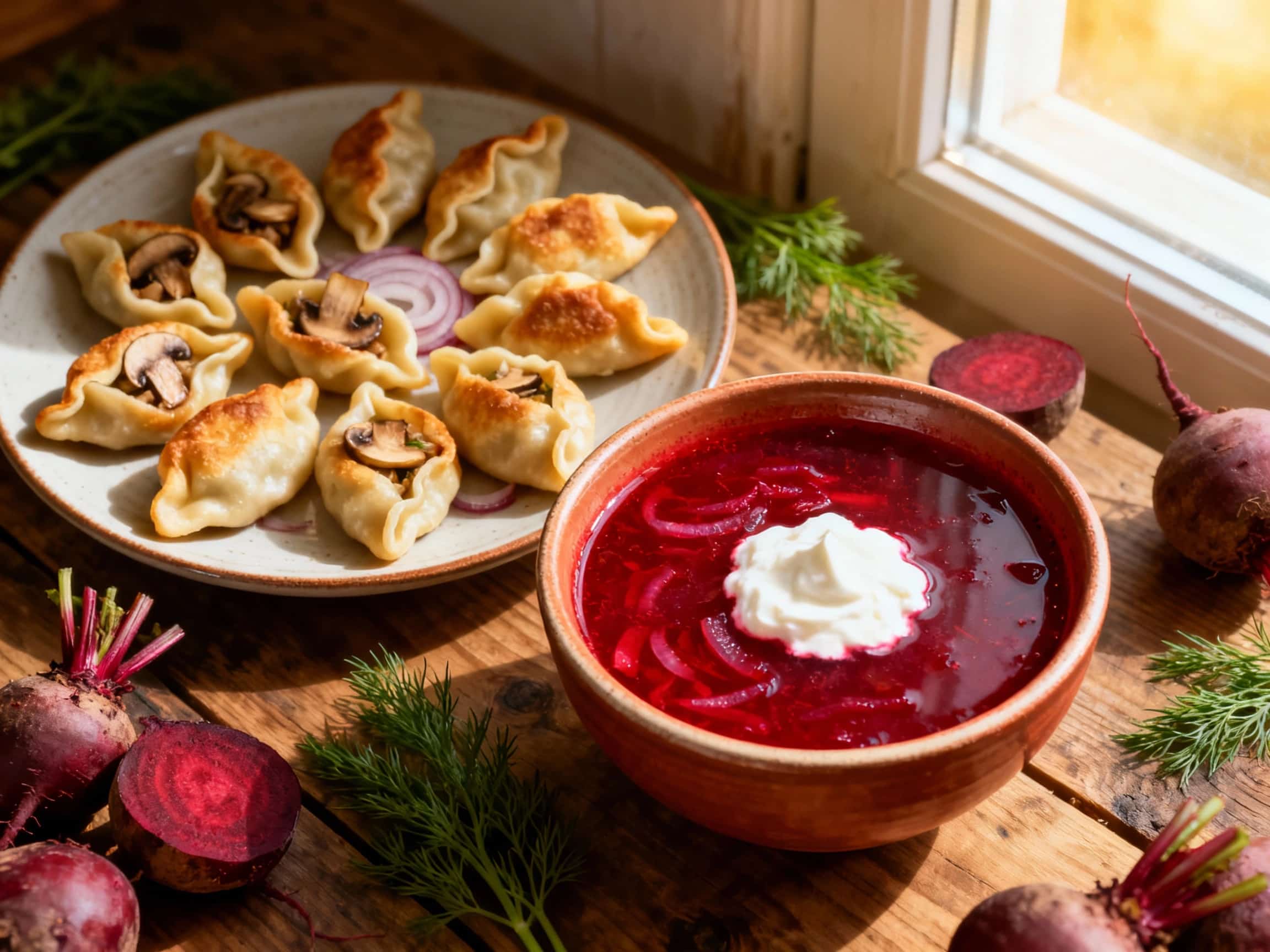 A close-up, appetizing view of Polish Barszcz Czerwony and Uszka dumplings in a ceramic bowl. The soup is a deep ruby red, with several small, filled dumplings visible. Fresh green dill is sprinkled on top, and a dollop of white sour cream adds a creamy contrast. The lighting emphasizes the steaming warmth and homemade quality of the dish, set against a muted, textured background.