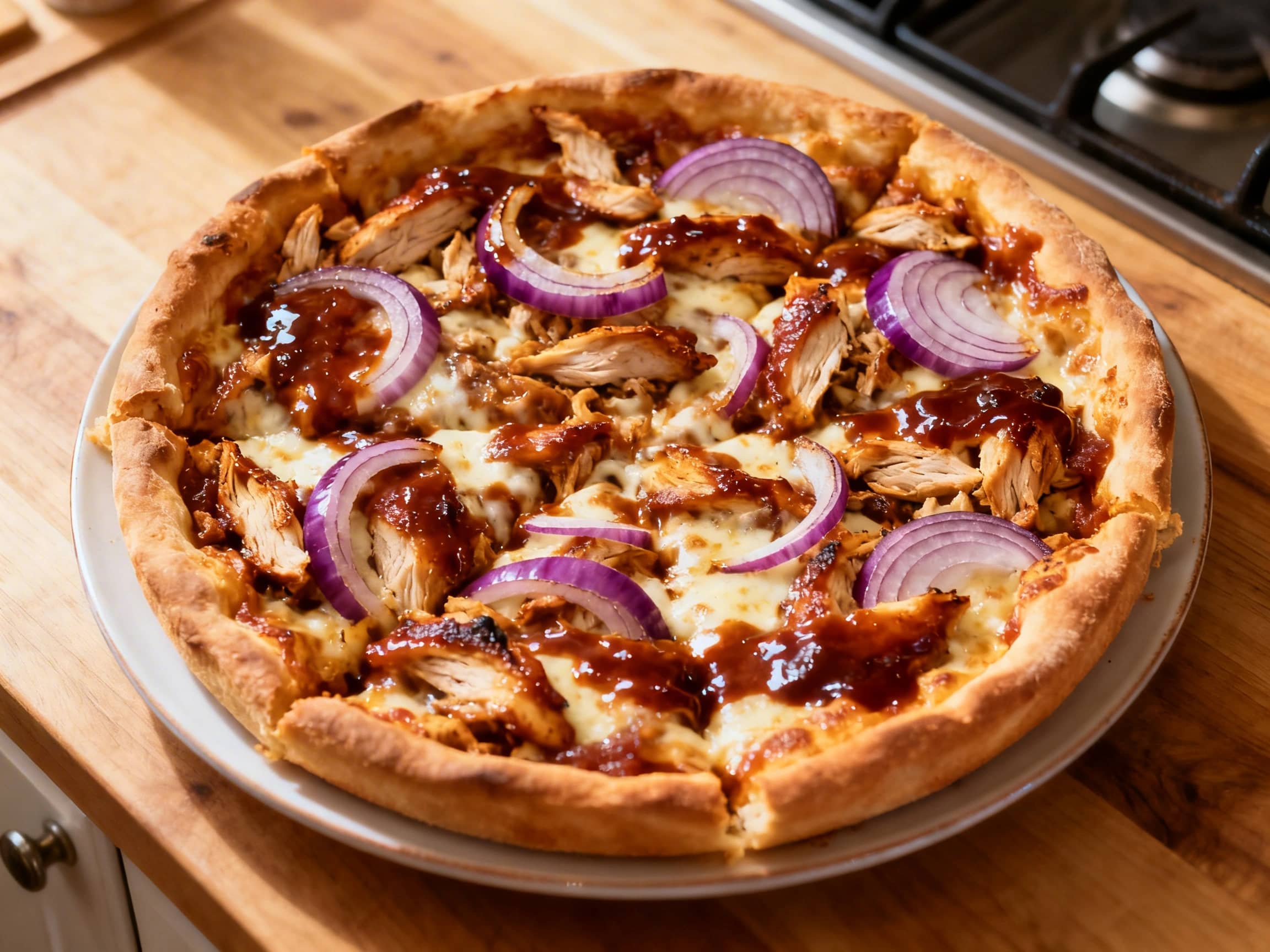 A mouth-watering slice of Chicago deep dish pizza, rich with BBQ chicken, gooey melted mozzarella cheese, and sharp red onion, has just been pulled from the pie. The thick, golden crust is perfectly baked, and the abundant fillings are steaming gently, visible against a warm, rustic wooden surface in a cozy kitchen setting. It invites you to a hearty and satisfying meal.