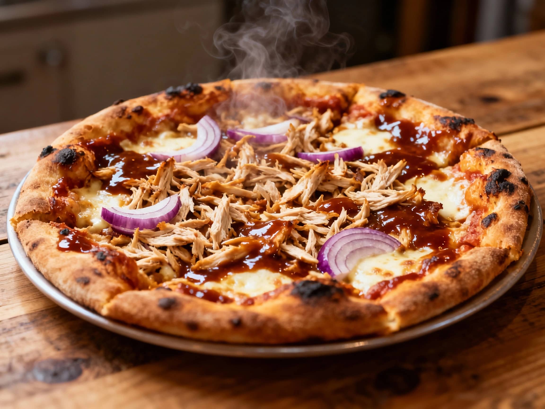 A golden-brown New York-style pizza, topped generously with shredded BBQ chicken, melted mozzarella, and a drizzle of BBQ sauce, rests on a rustic wooden board.