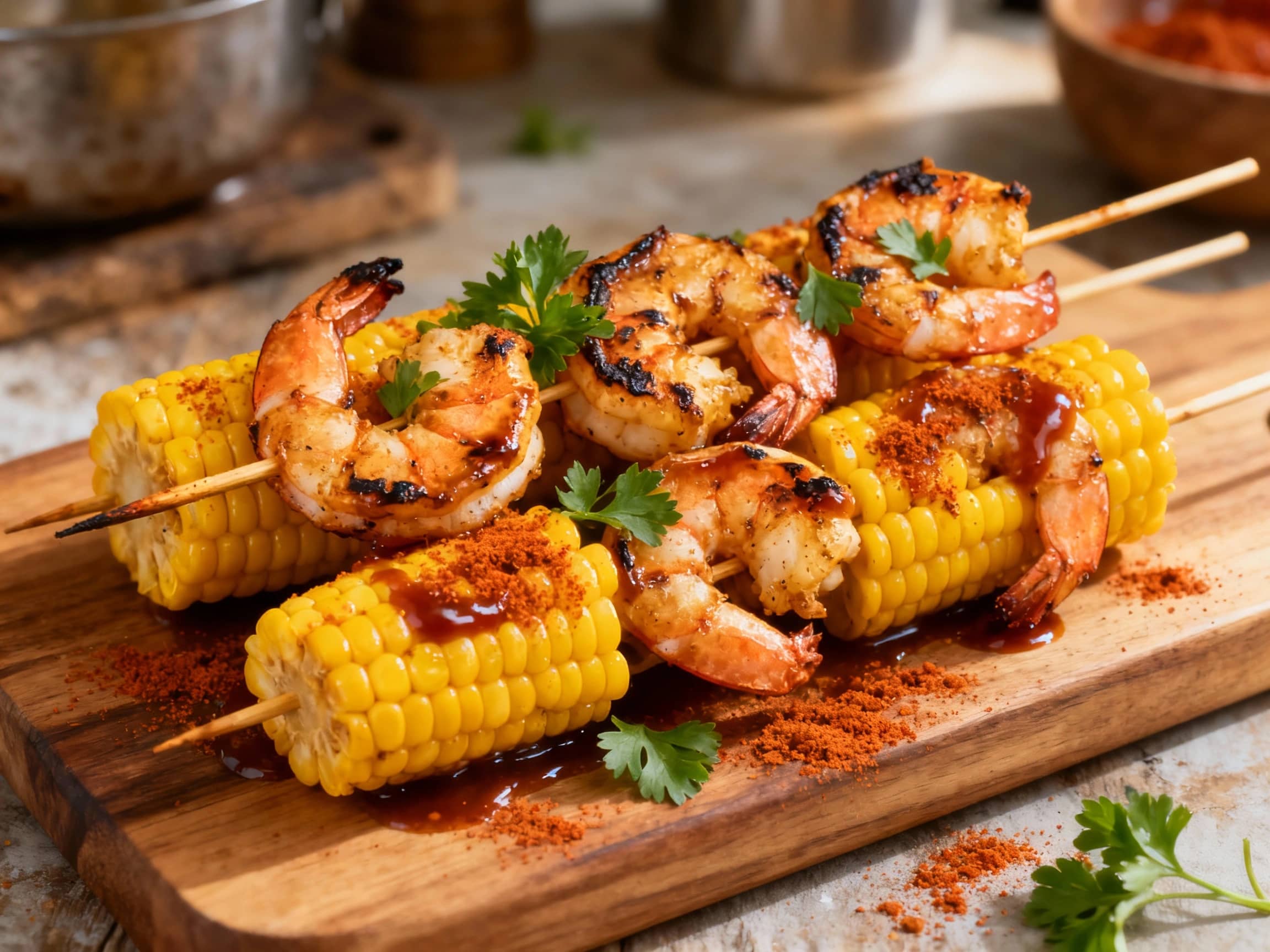 Char-grilled shrimp and sweet corn kernels are threaded onto skewers, brushed with vibrant BBQ sauce, and garnished with fresh cilantro, creating a delicious summer appetizer.