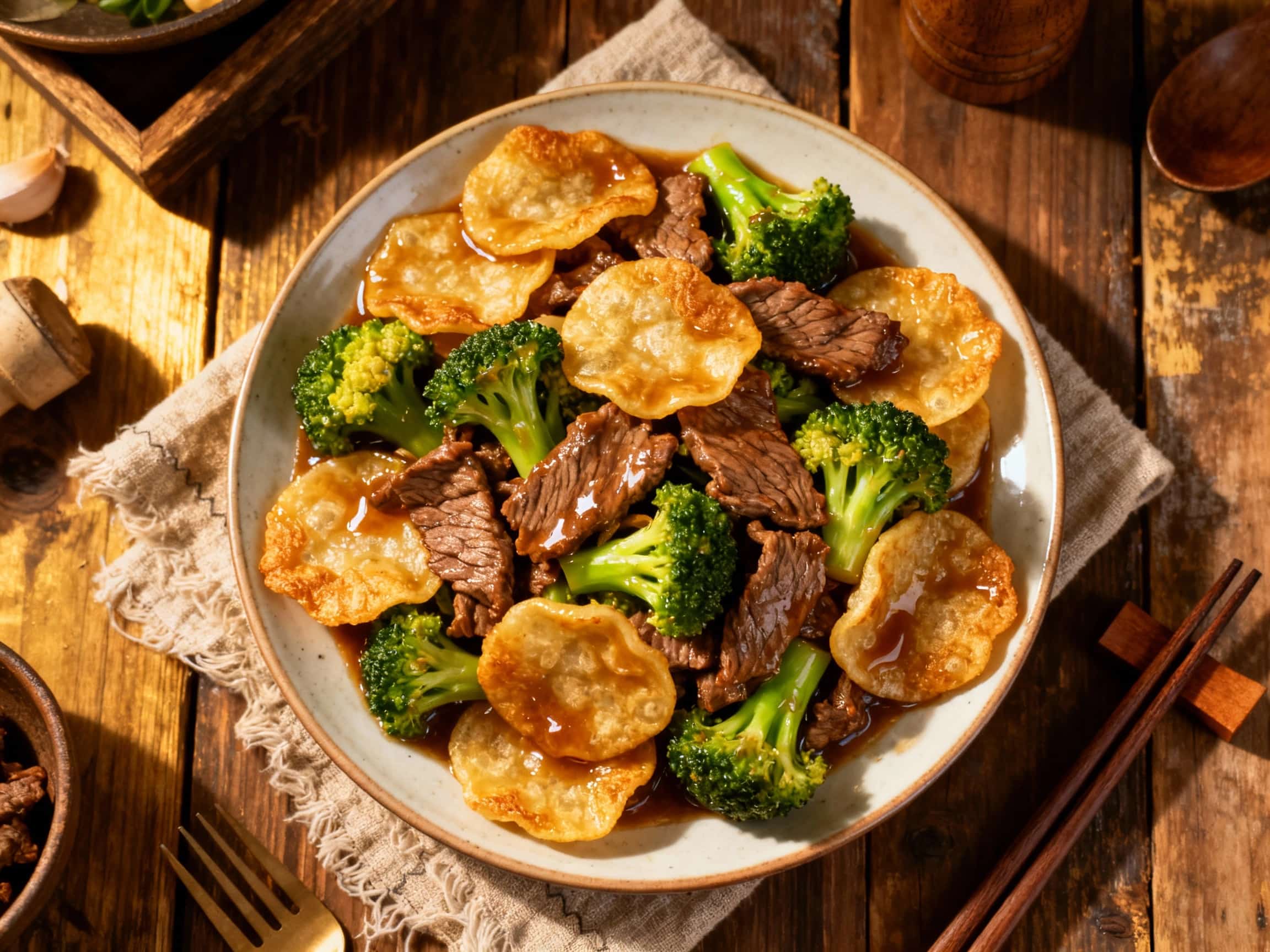 A close-up, top-down view of a steaming beef and broccoli stir-fry with chewy white rice cakes, served in a rustic ceramic bowl. The beef is tender and brown, the broccoli bright green, and the rice cakes are coated in a dark, glossy, savory stir-fry sauce, suggesting a flavorful Asian-inspired meal.