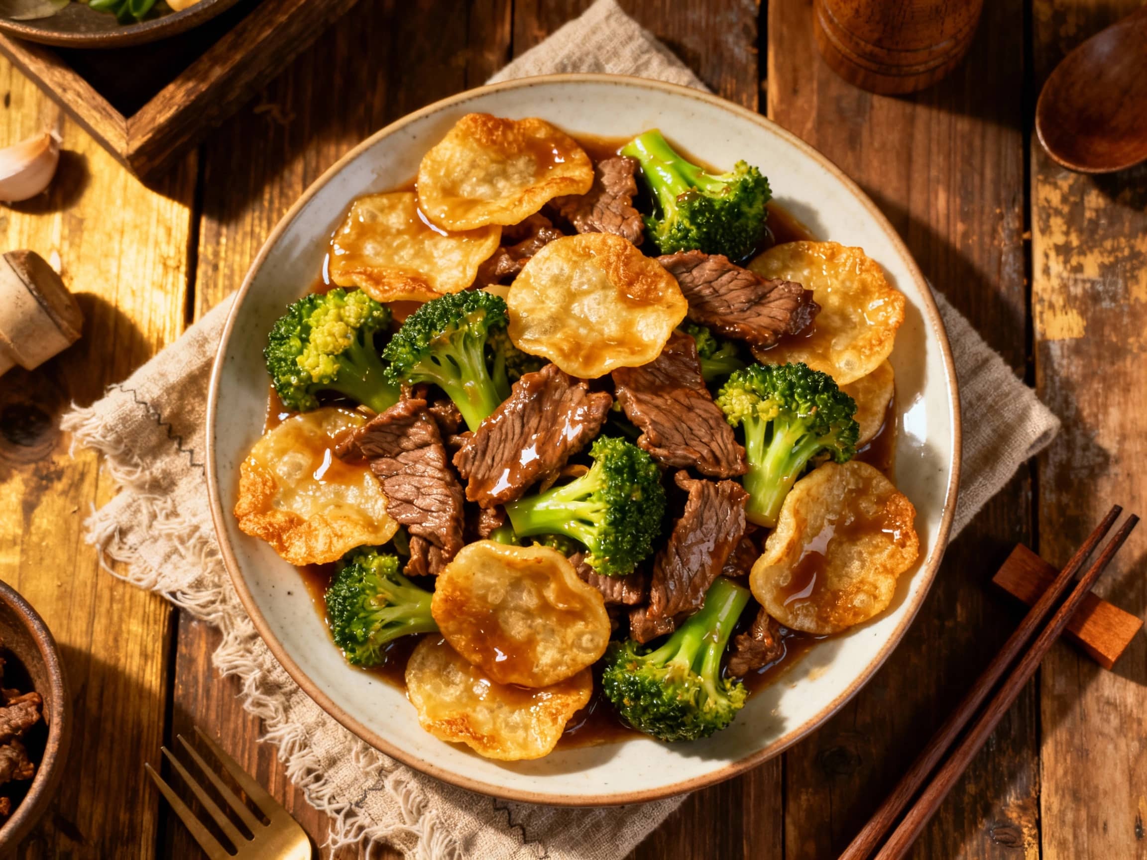 A close-up, top-down view of a steaming beef and broccoli stir-fry with chewy white rice cakes, served in a rustic ceramic bowl. The beef is tender and brown, the broccoli bright green, and the rice cakes are coated in a dark, glossy, savory stir-fry sauce, suggesting a flavorful Asian-inspired meal.