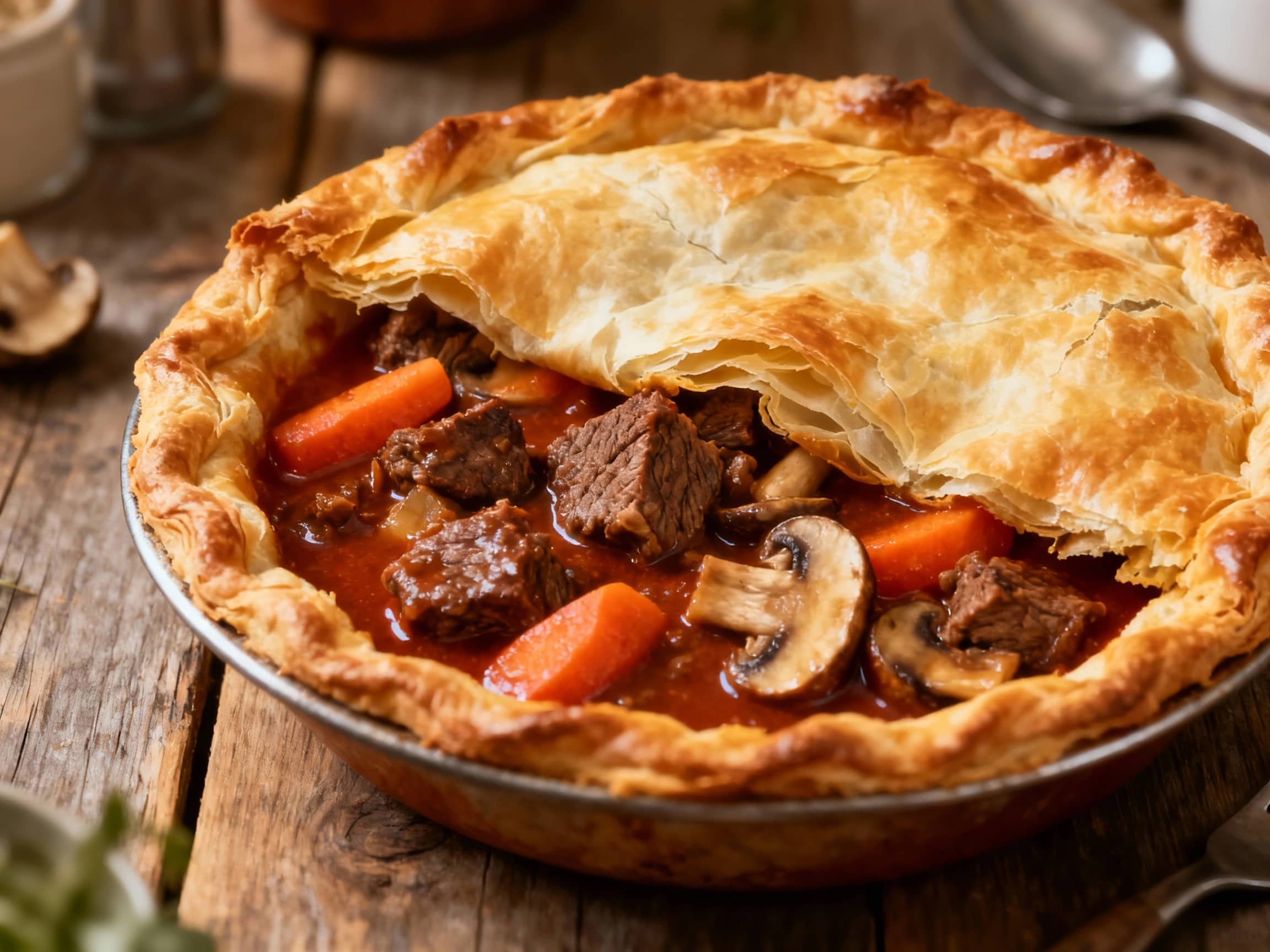 Golden-brown, flaky puff pastry domes crown rich, dark beef bourguignon bubbling slightly in individual ceramic ramekins, ready to be served.