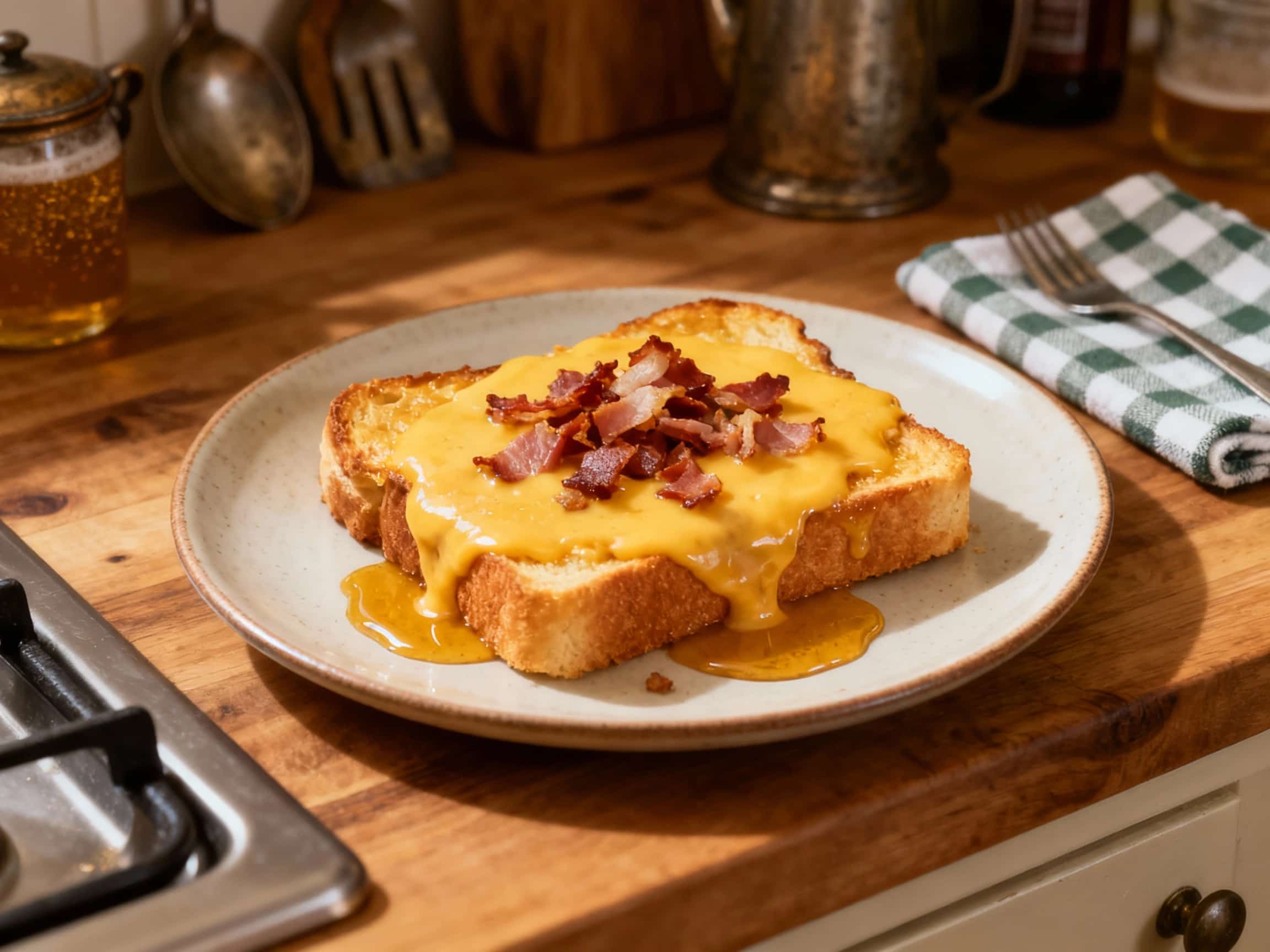 Golden-brown toast generously topped with a bubbling, cheesy beer sauce studded with crispy bacon bits, served warm and invitingly.