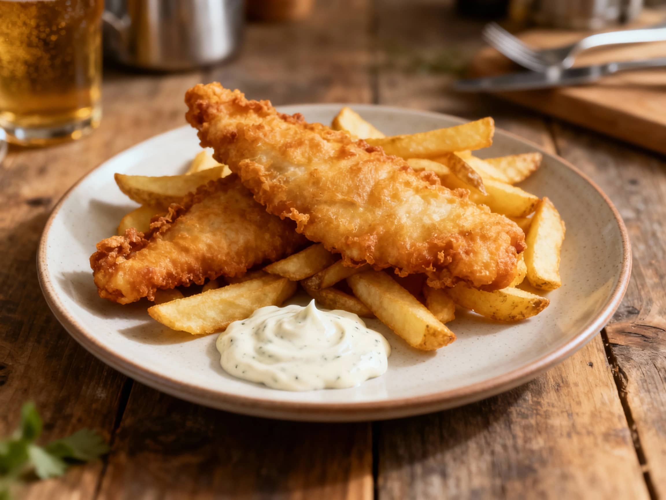 Golden-brown beer-battered cod fillets are served alongside crispy, thick-cut French fries, all drizzled with a creamy malt vinegar aioli and subtly garnished.