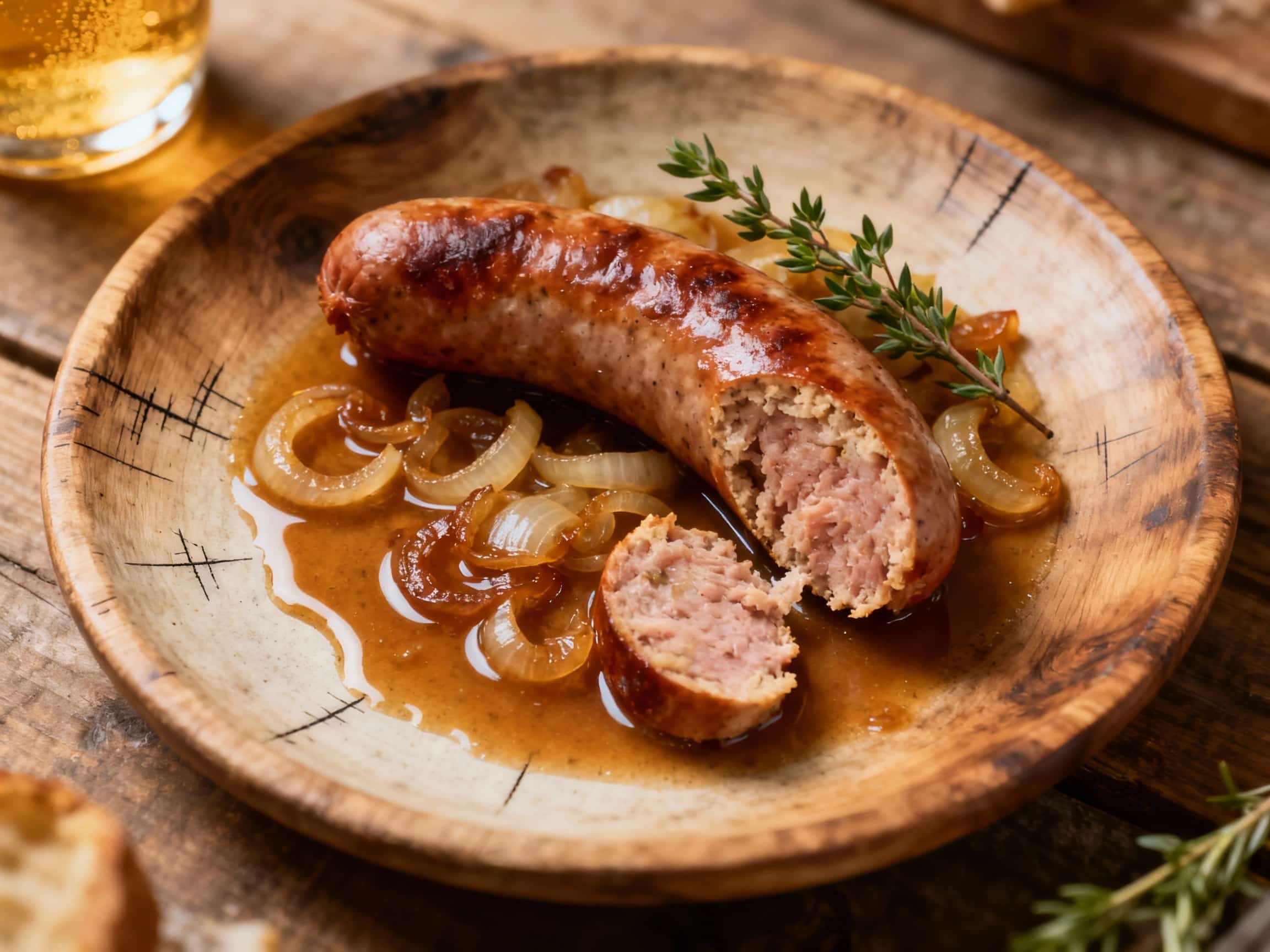 Juicy beer-braised bratwurst sizzles in a cast iron skillet with sweet, caramelized onions, ready to be served on a rustic wooden board.