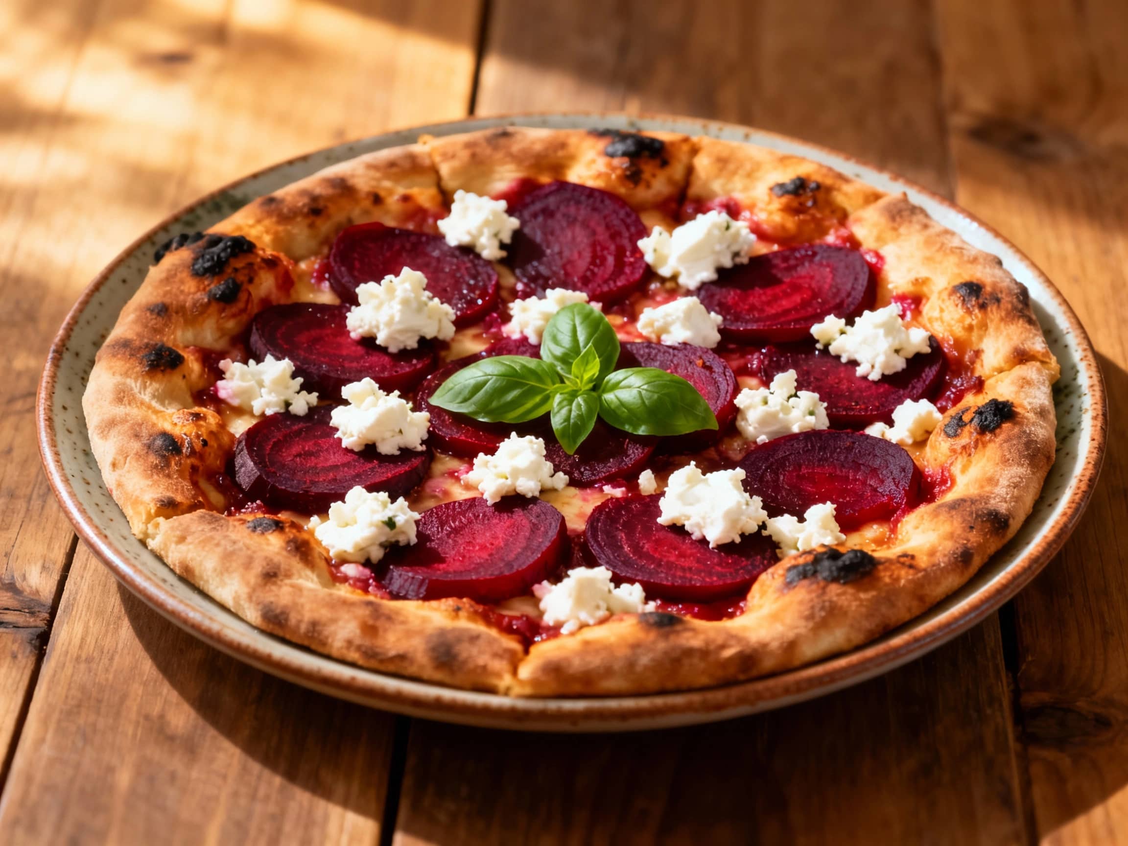 A beautiful square slice of Beet and Goat Cheese Sicilian Pizza, bursting with color. The thick, golden-brown crust supports tender roasted beets, soft goat cheese, and fresh green arugula, all adorned with a glossy balsamic drizzle. It's presented on a rustic wooden board, emphasizing its homemade warmth and inviting appeal against a softly blurred background.