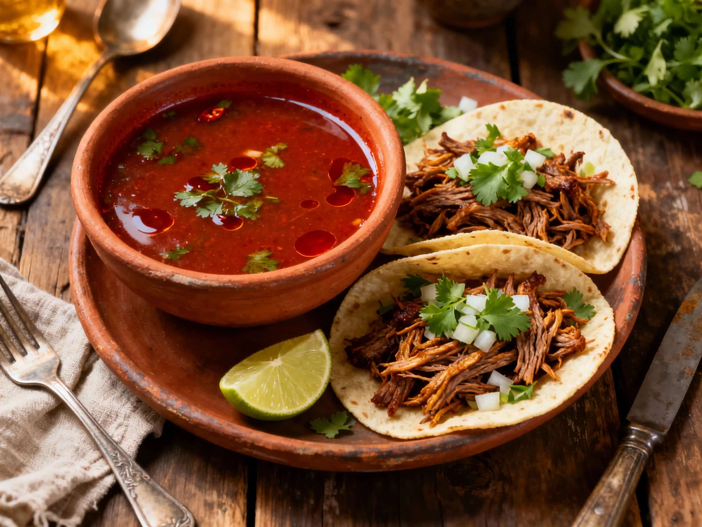 Hearty shredded beef taco fillings are garnished with cilantro and onion, ready to be dipped into a rich, steaming birria consomé.